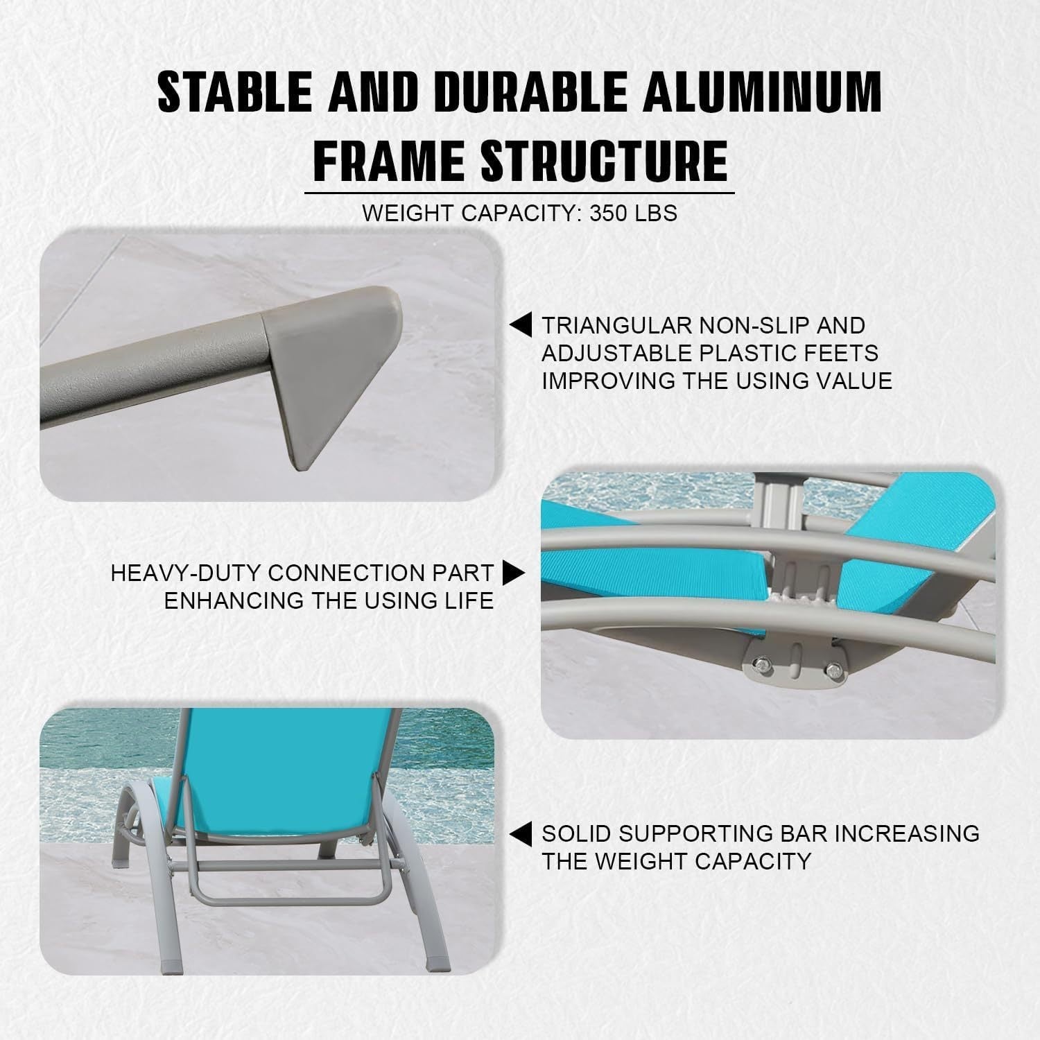 Outdoor Lounge Chair Aluminum Lake Blue Textilene 5 Position Set 2 350 LB