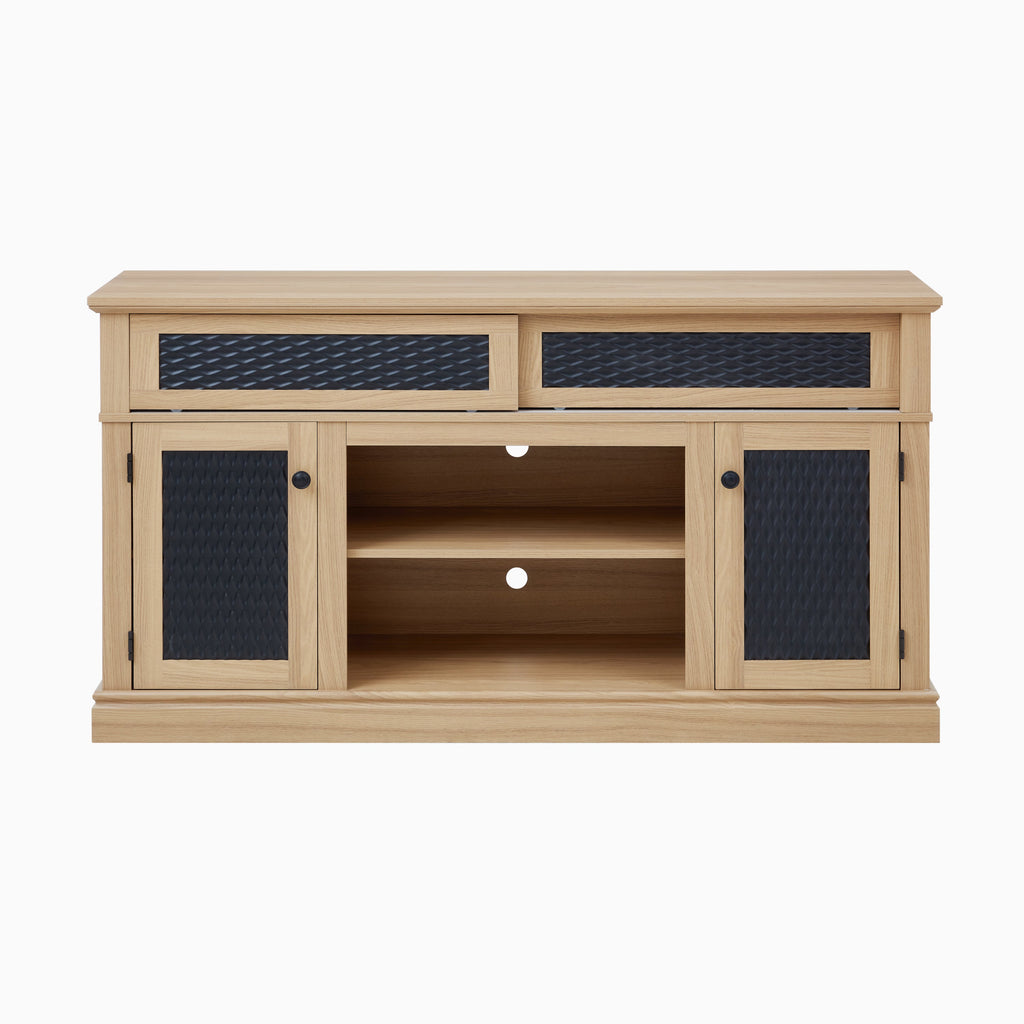 TV Stand Farmhouse Light Oak MDF Embossed Doors 3-Shelf Fits 65 In TV 58.27 In