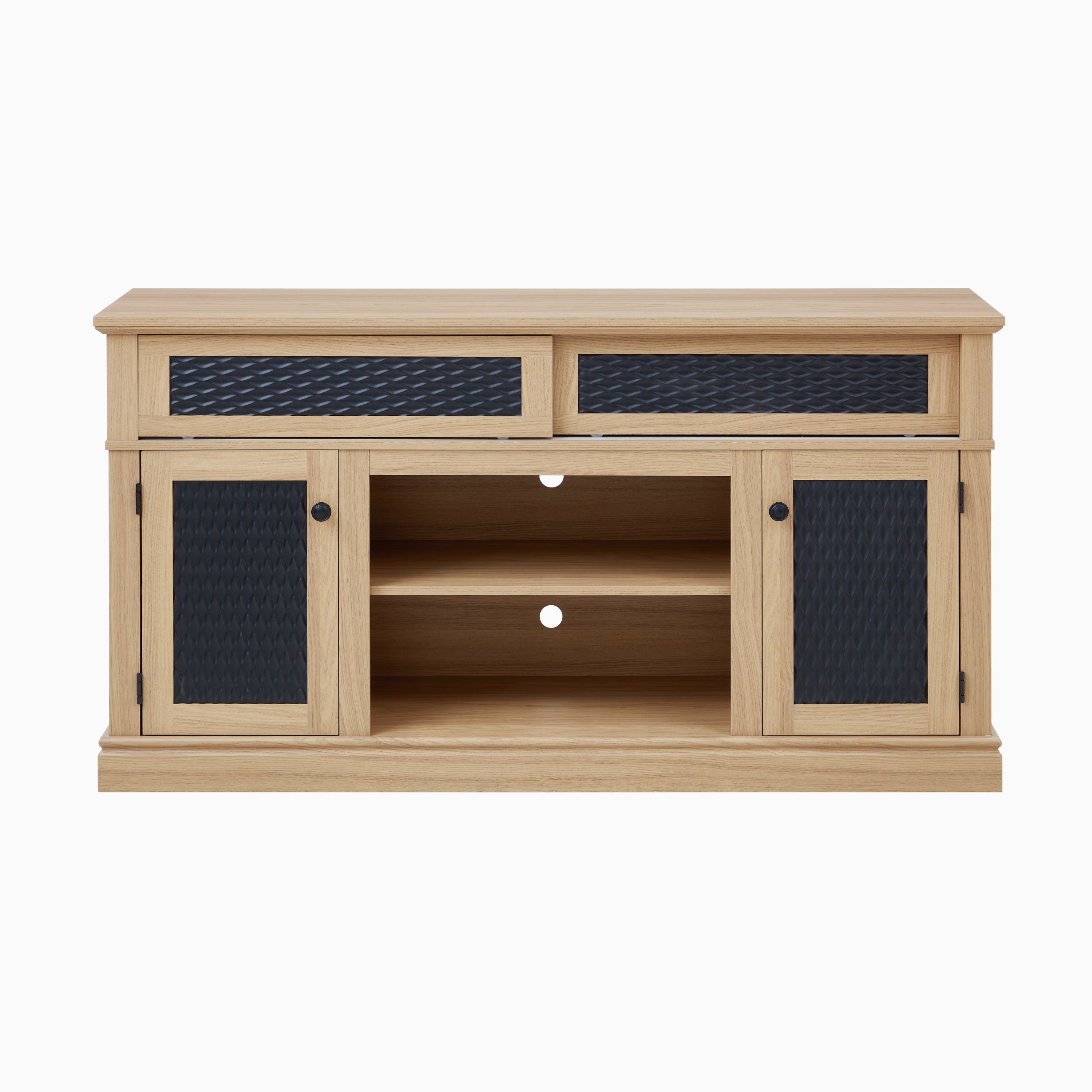 TV Stand Farmhouse Light Oak MDF Embossed Doors 3-Shelf Fits 65 In TV 58.27 In