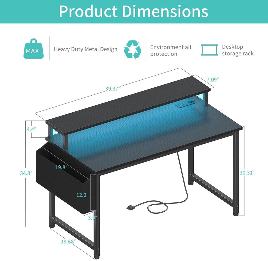 40 Inch Wide Gaming Desk With RGBLED Lighting Effects
