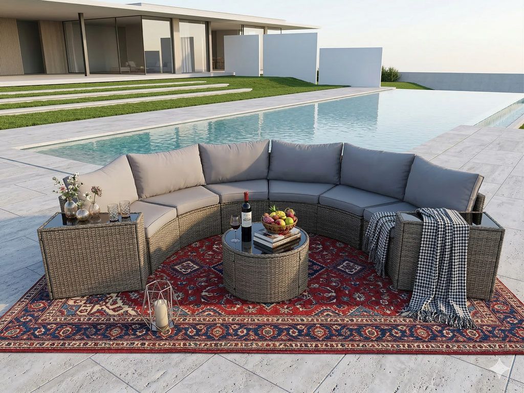 Outdoor Sectional Set PE Rattan Steel Light Gray Half Moon 9 Piece 380 LB