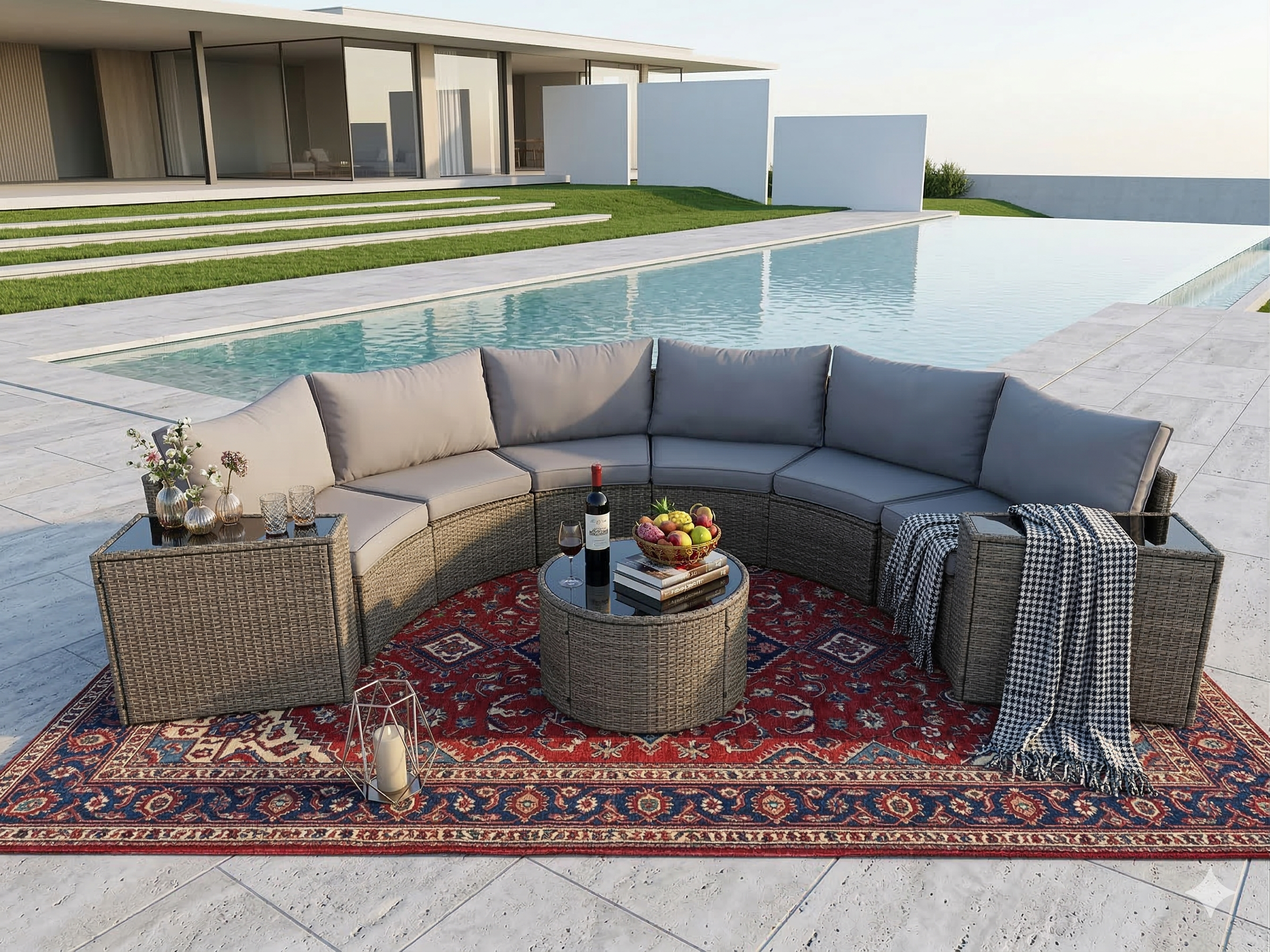 Outdoor Sectional Set PE Rattan Steel Light Gray Half Moon 9 Piece 380 LB
