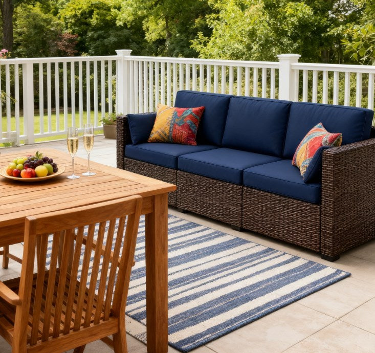 Outdoor Sofa Set PE Rattan Navy Blue 3 Seat Steel Frame 792 lb Capacity