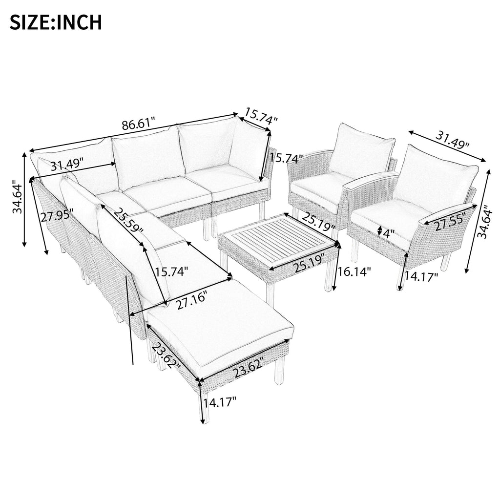 Outdoor Sectional Set PE Rattan Acacia Wood Gray 9 Piece 250 LB