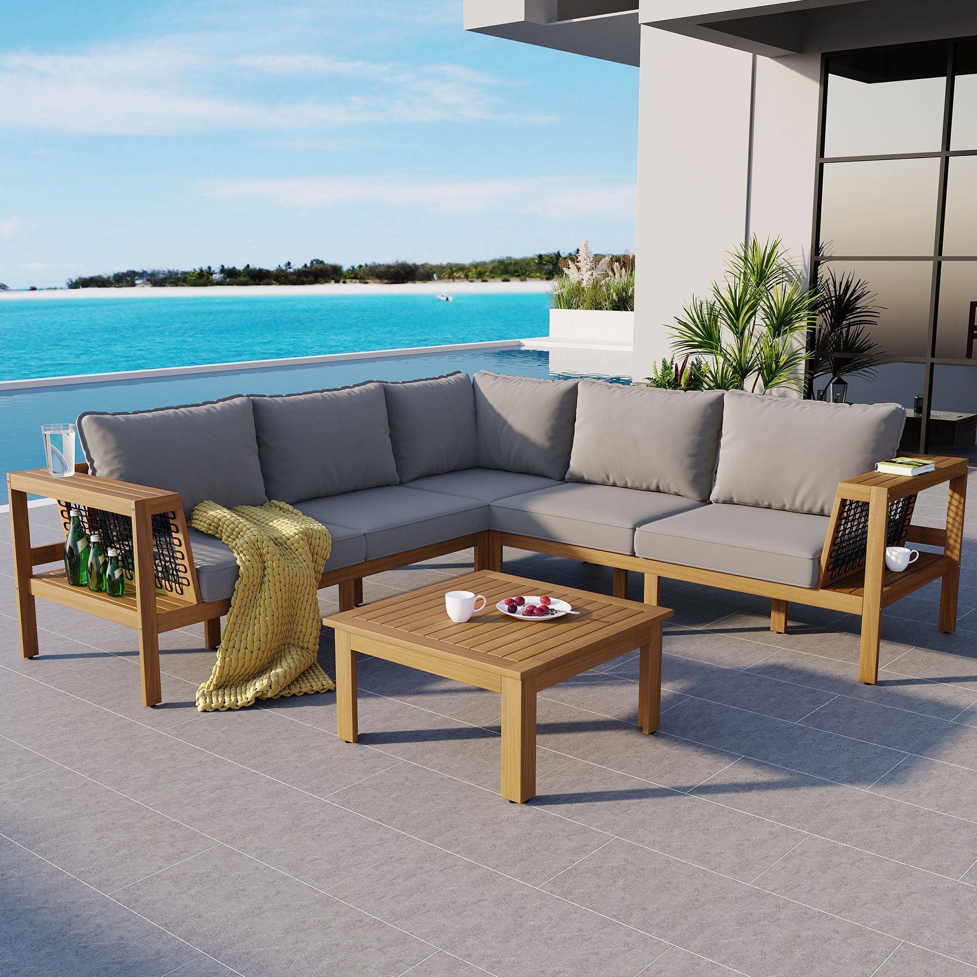 Outdoor Sofa Set Acacia Wood Rope Gray Cushion 4 Piece L-Shape Seats 6