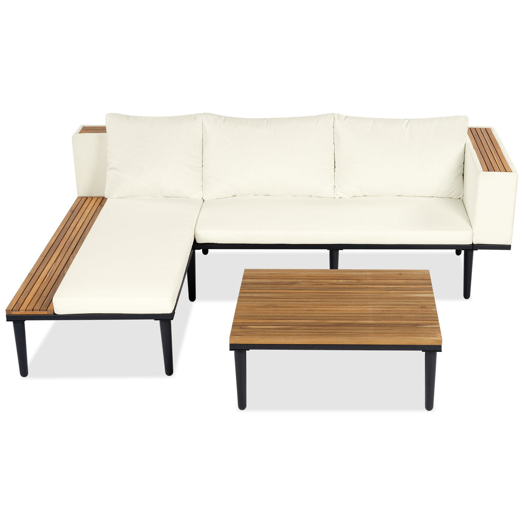 Outdoor Patio Set Acacia Wood Iron Beige L-Shape Seats 6 396 LB