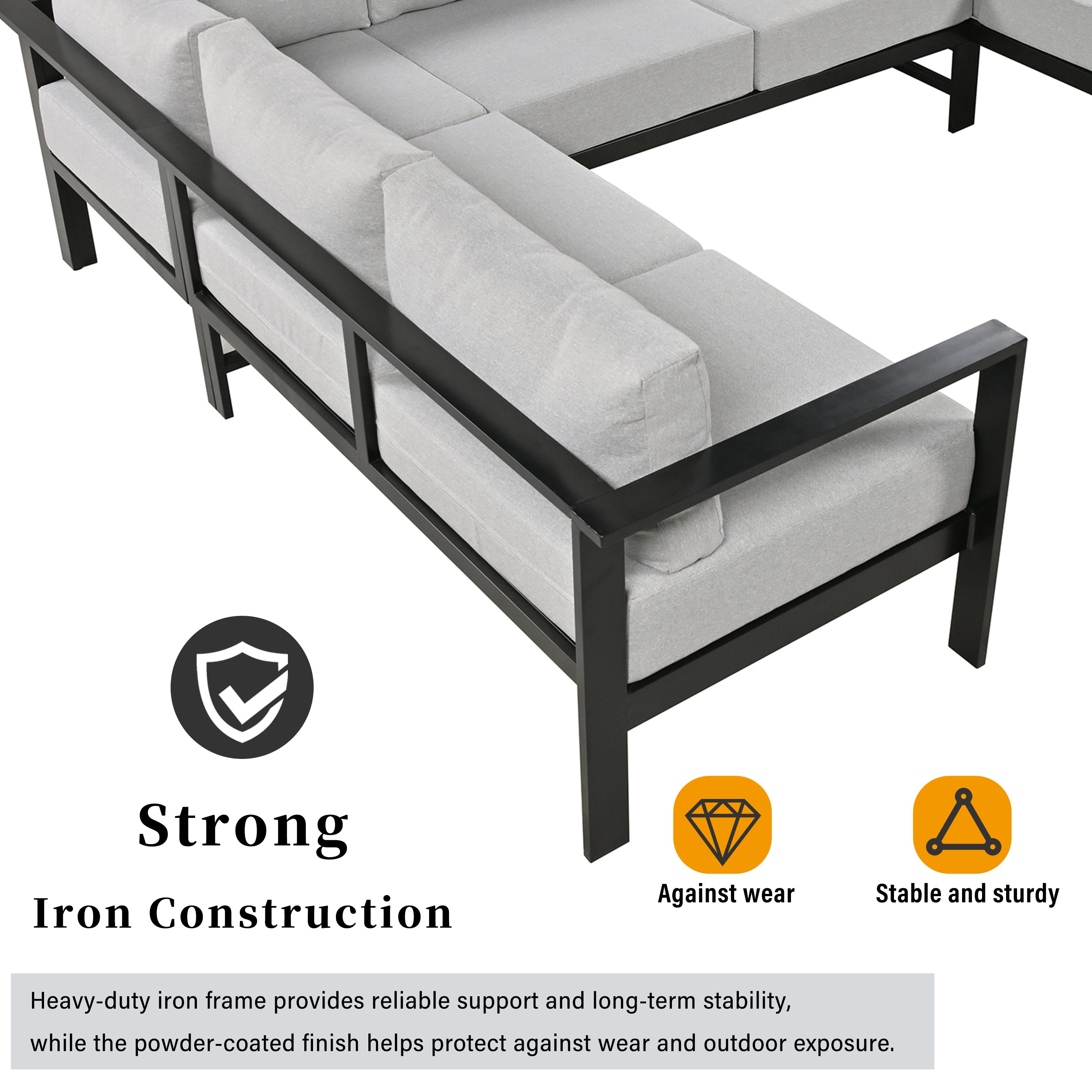 Outdoor Sectional Set Iron Gray U-Shape Seats 5 to 6 5.9 In Cushion