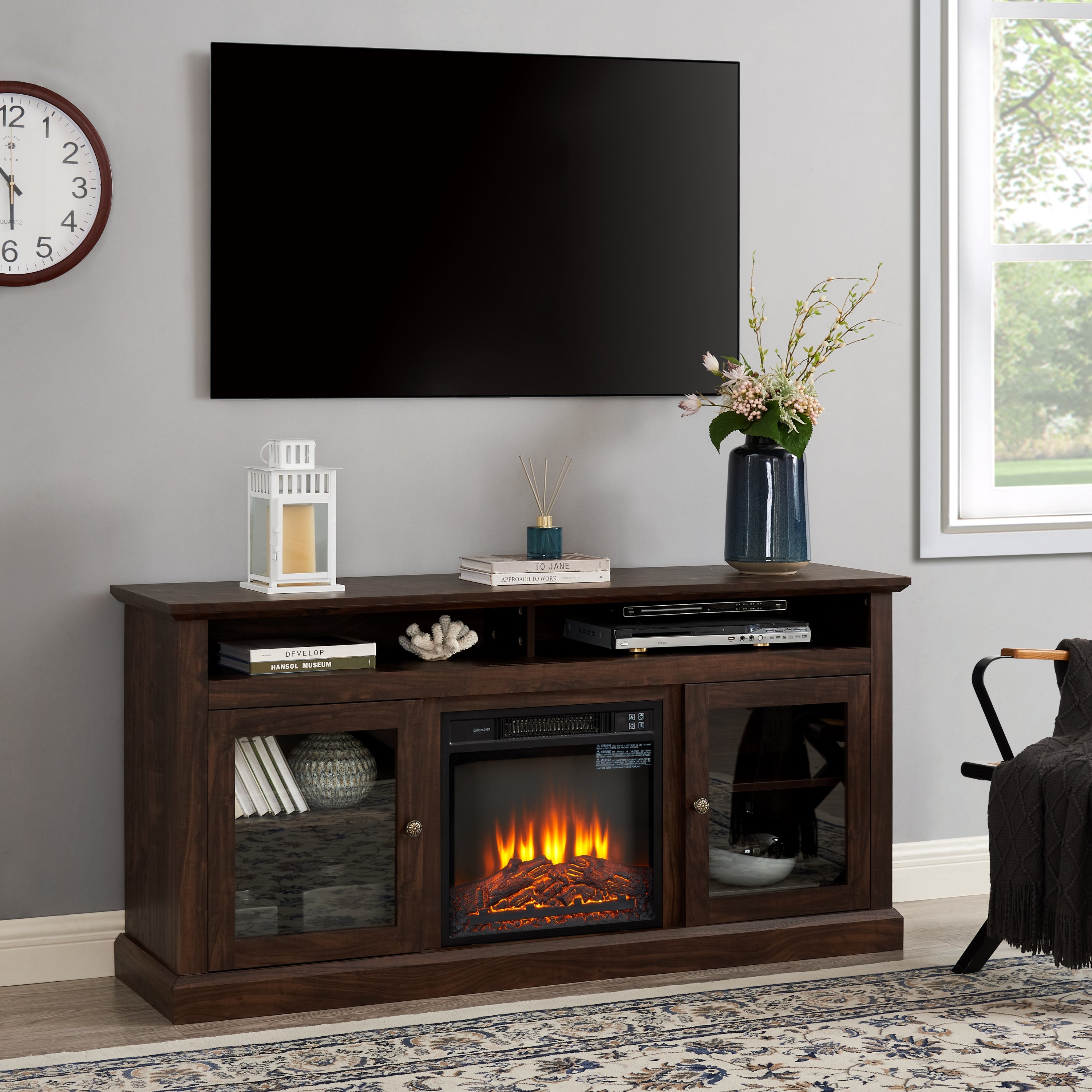 TV Stand Fireplace American Traditional Brown MDF 1400W Fits 65 In TV 60 In