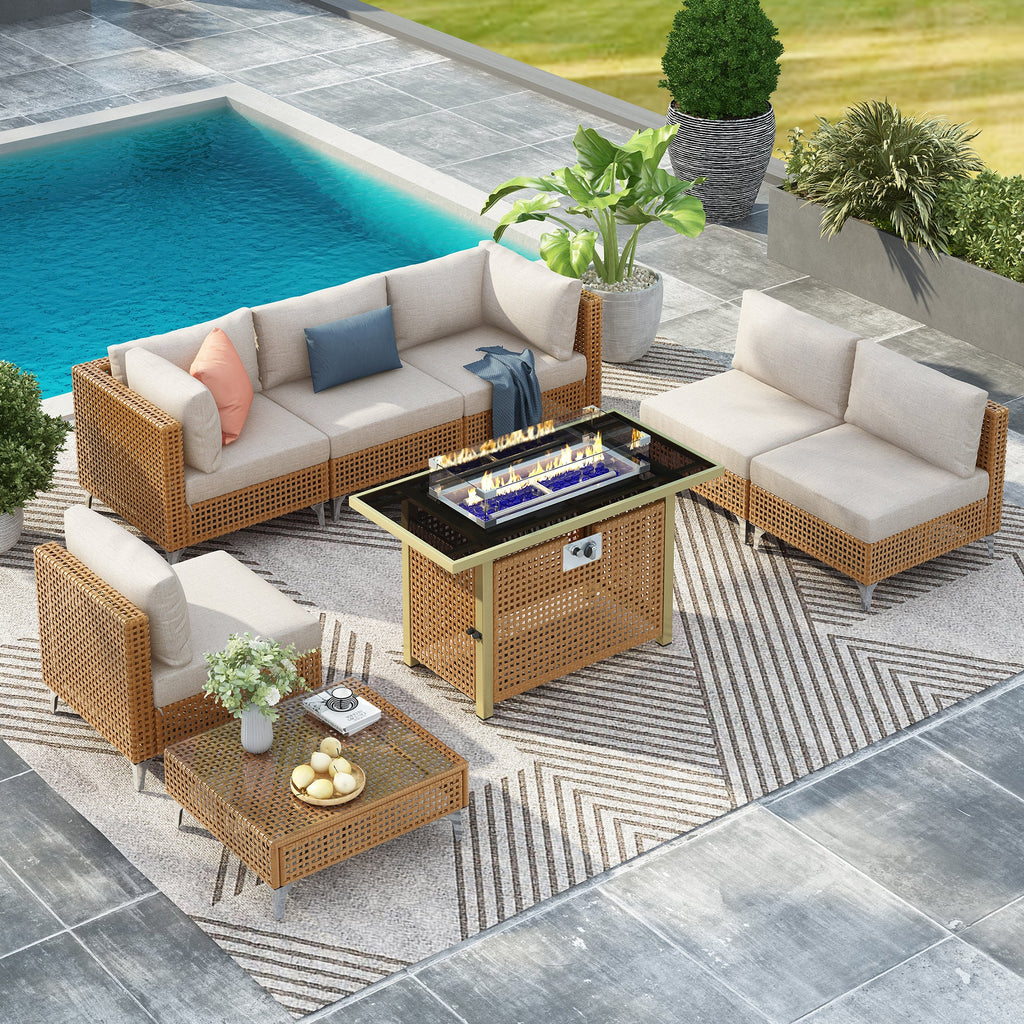 Outdoor Patio Set with Fire Pit Table Rattan Metal Beige 8 Piece