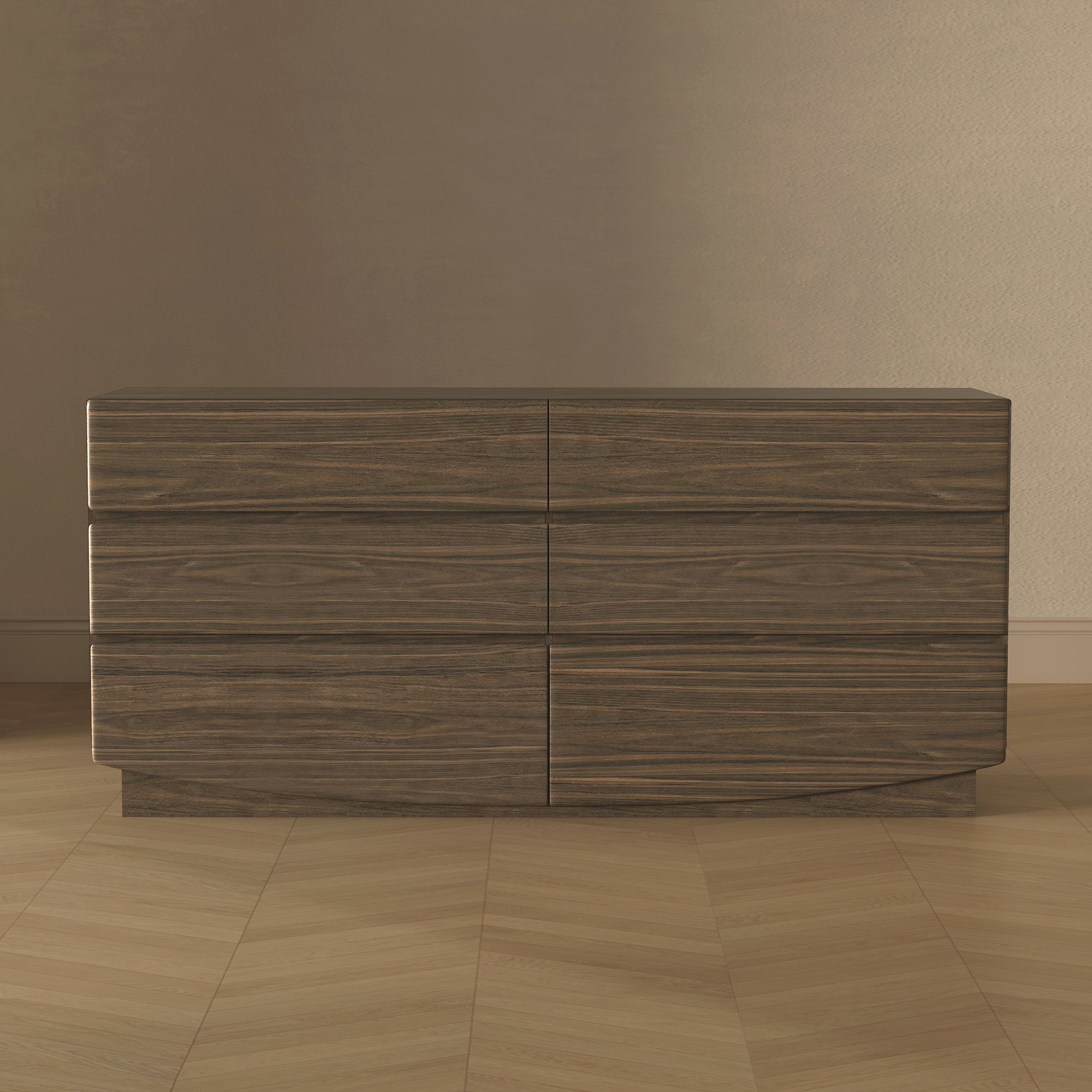 Dresser Minimalist 6-Drawer Walnut MDF Handleless Wood Grain 72x20 In
