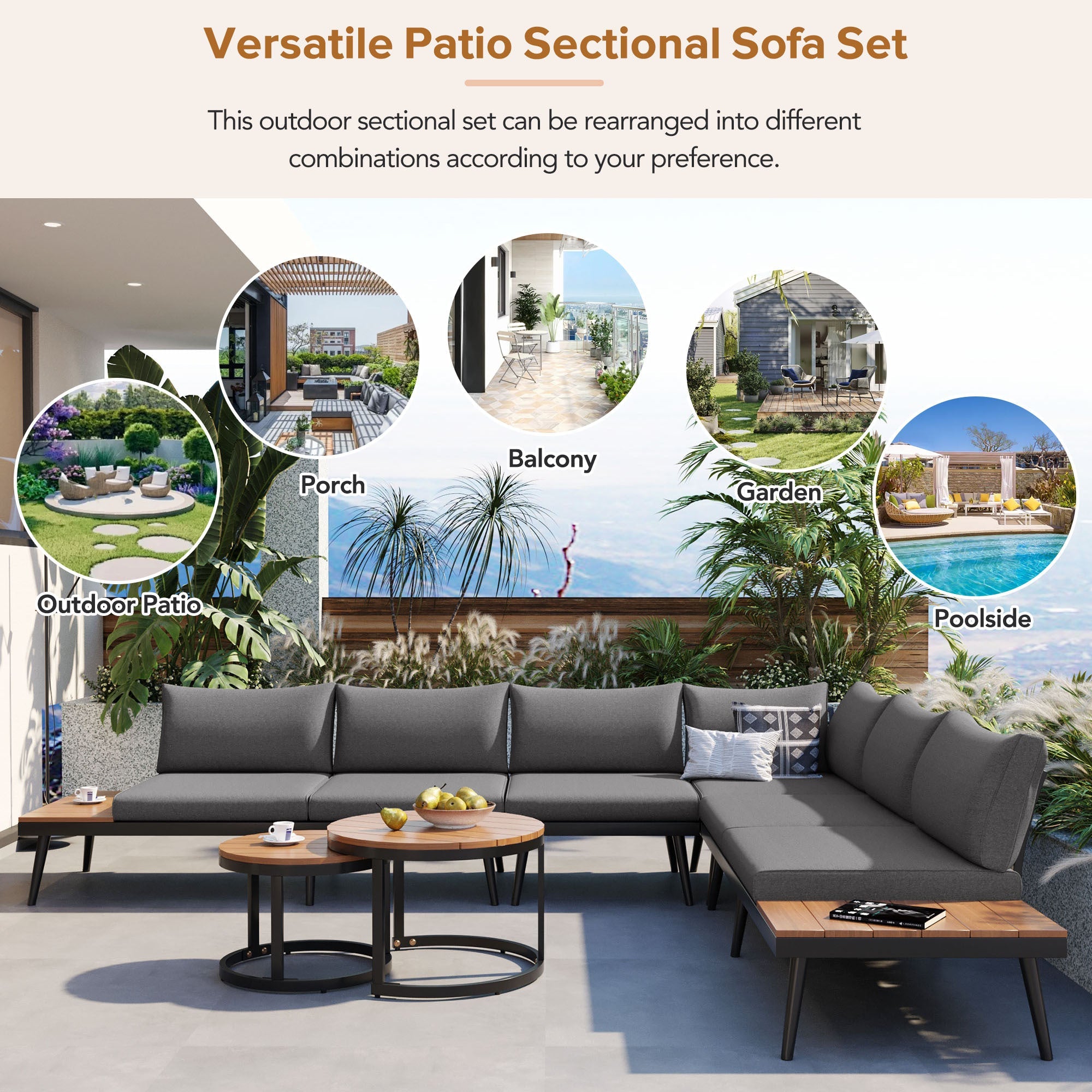 Outdoor Sectional Set Acacia Wood Steel Gray with Nesting Tables