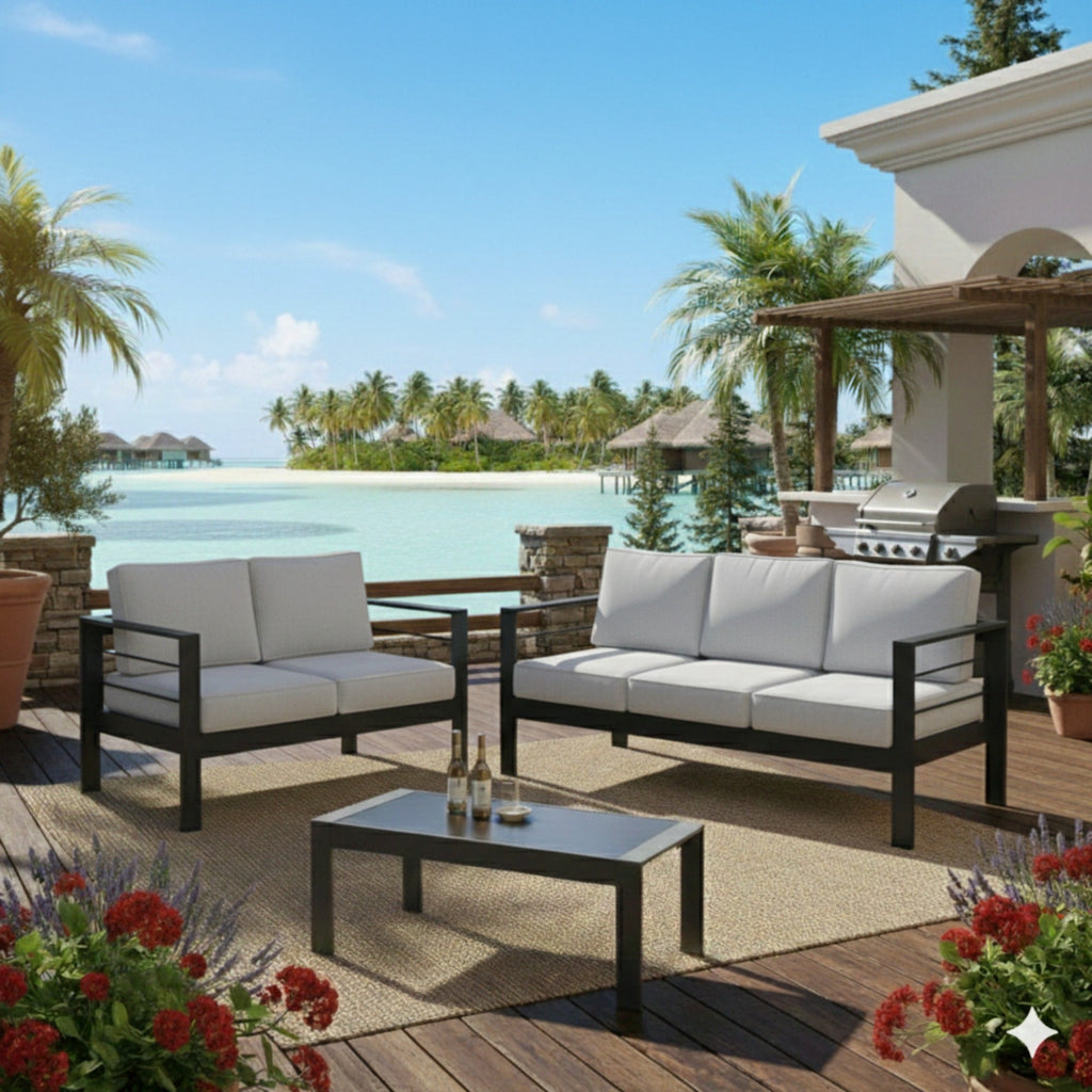3 Piece Outdoor Patio Set Aluminum Black Gray Cushions