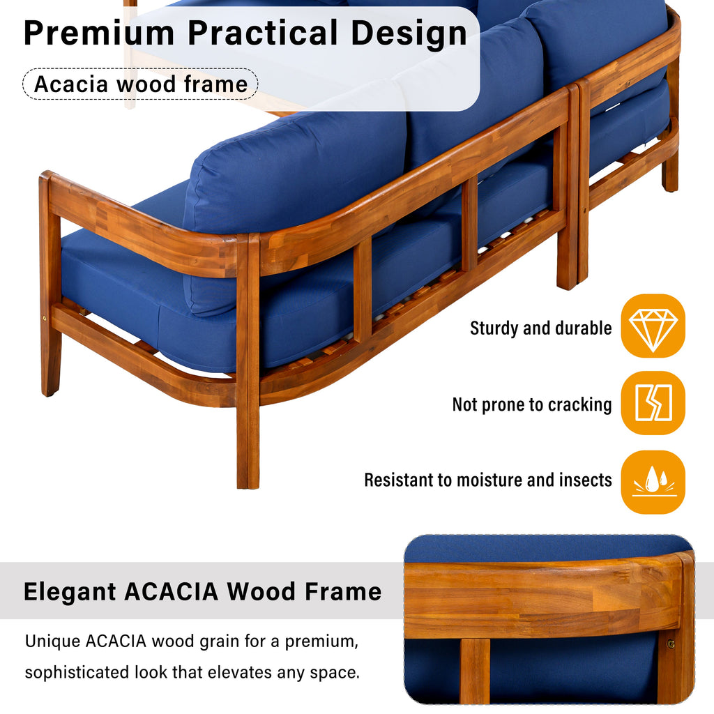 Outdoor Sofa Set Acacia Wood Arc Frame Blue Cushions L-Shape 6 Piece