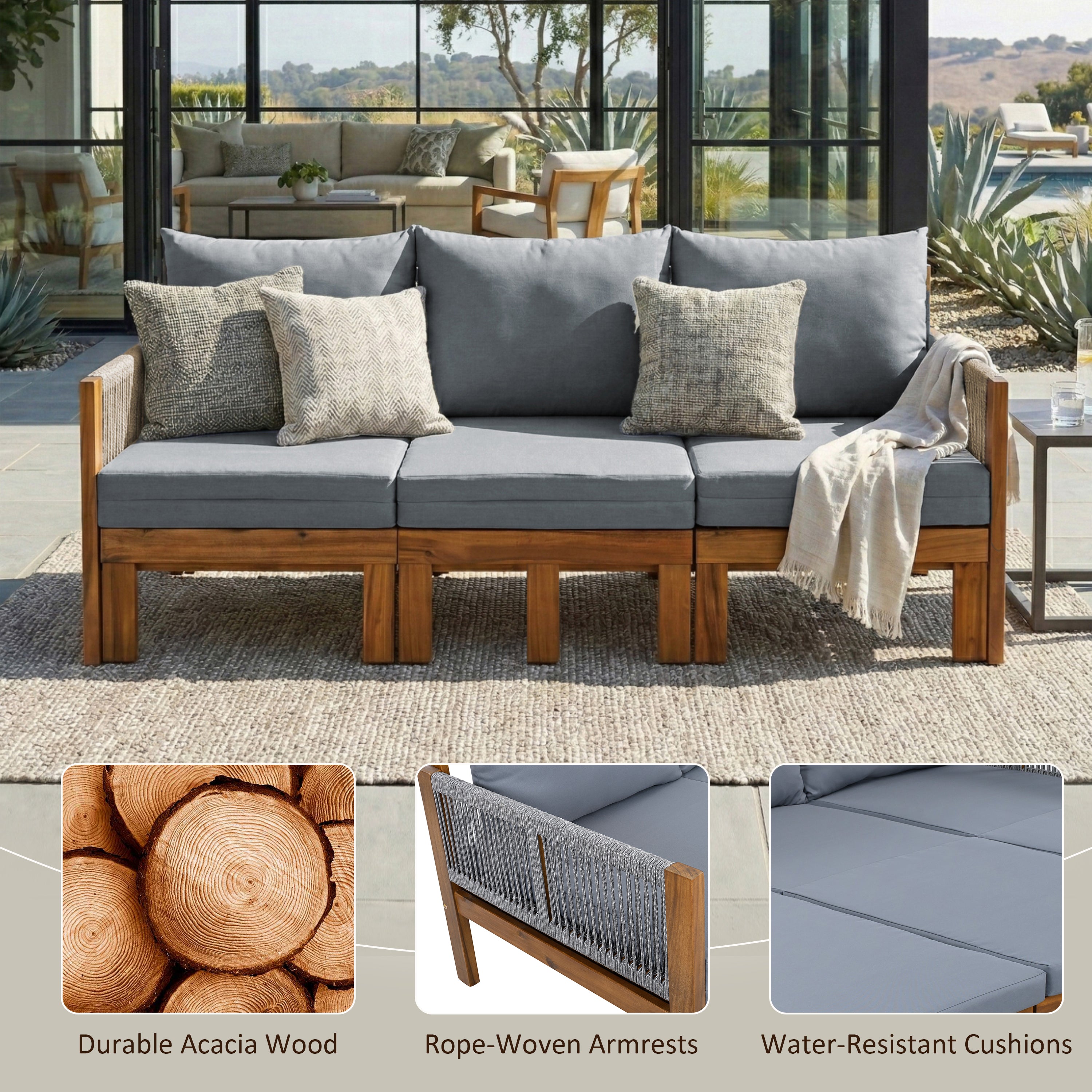 Chaise Lounge Acacia Wood Rope Natural Gray Cushion Convertible 3 Seat