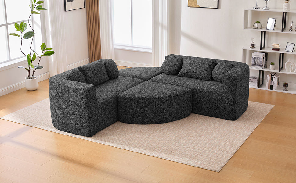Sectional Sofa U-Shape Modular Boucle Black 6-Seat Deep Seating 114.9x64.5 In
