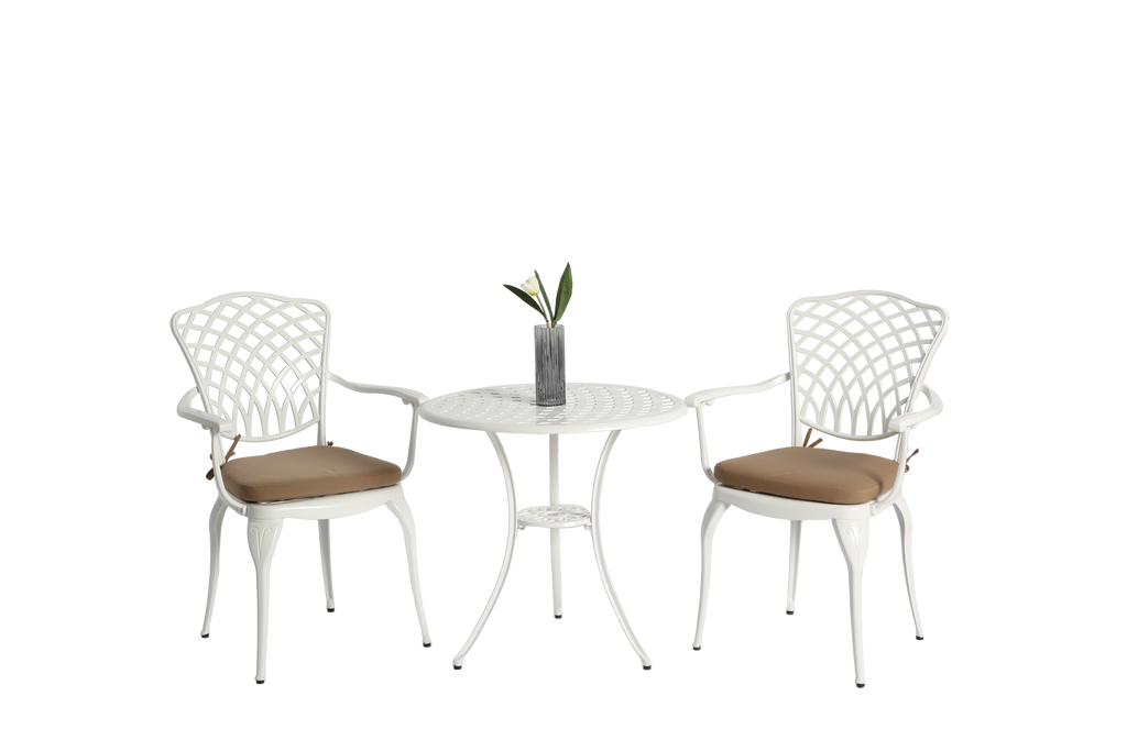 Outdoor Bistro Set Cast Aluminum White 3 Piece Umbrella Hole Cushions