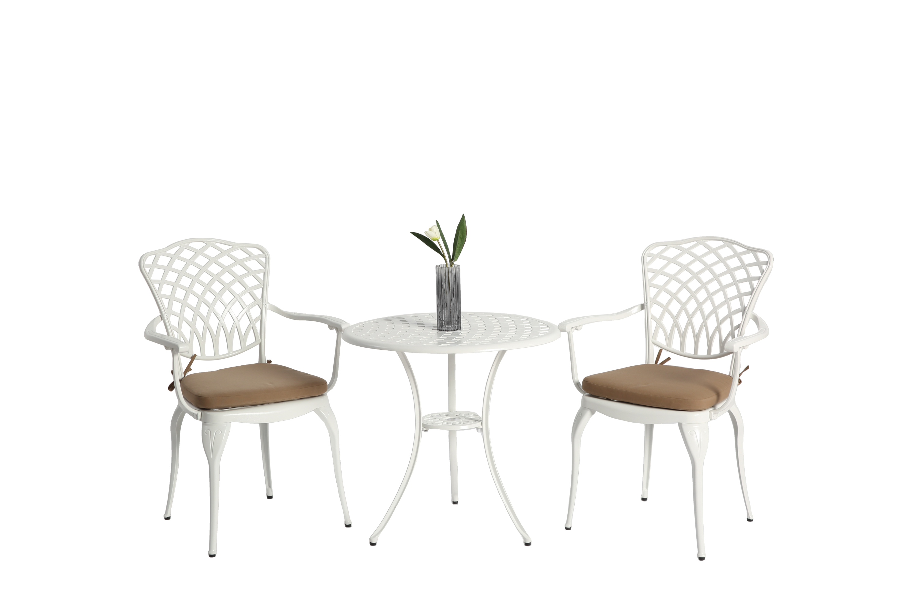 Outdoor Bistro Set Cast Aluminum White 3 Piece Umbrella Hole Cushions