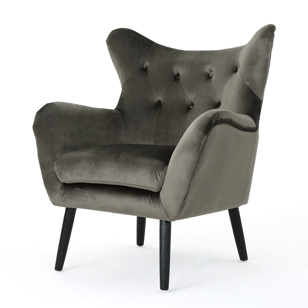 Accent Chair Mid-Century Wingback Velvet Tufted Gray Oak Frame 29x34x40 In