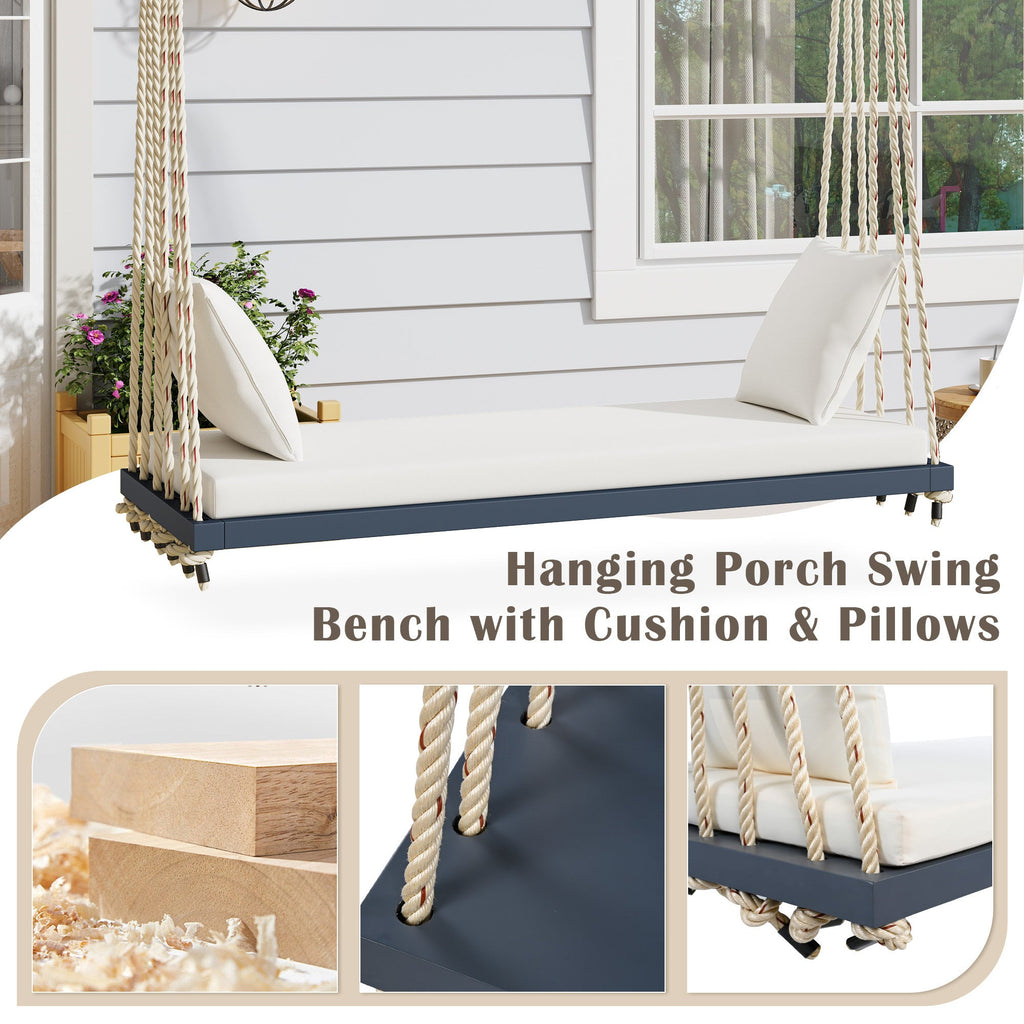 Outdoor Hanging Swing Chair Acacia Wood Gray Cushion Pillows 63x23.6 In 400 LB