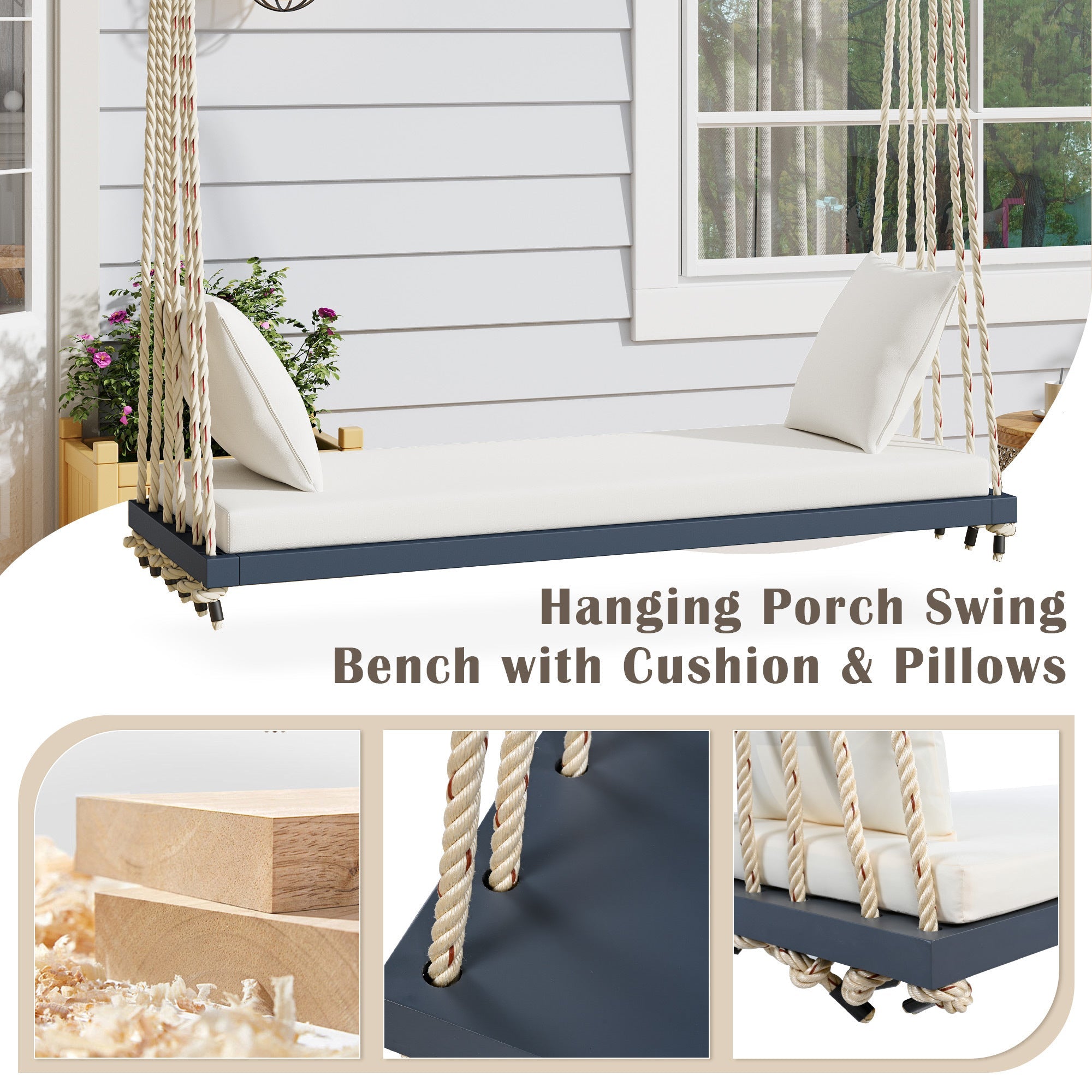 Outdoor Hanging Swing Chair Acacia Wood Gray Cushion Pillows 63x23.6 In 400 LB
