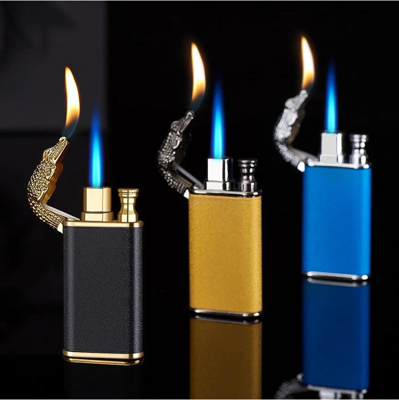 Mandotos Creative Blue Flame Lighter Dolphin Dragon Tiger Metal Windproof Double Flame Refillable
