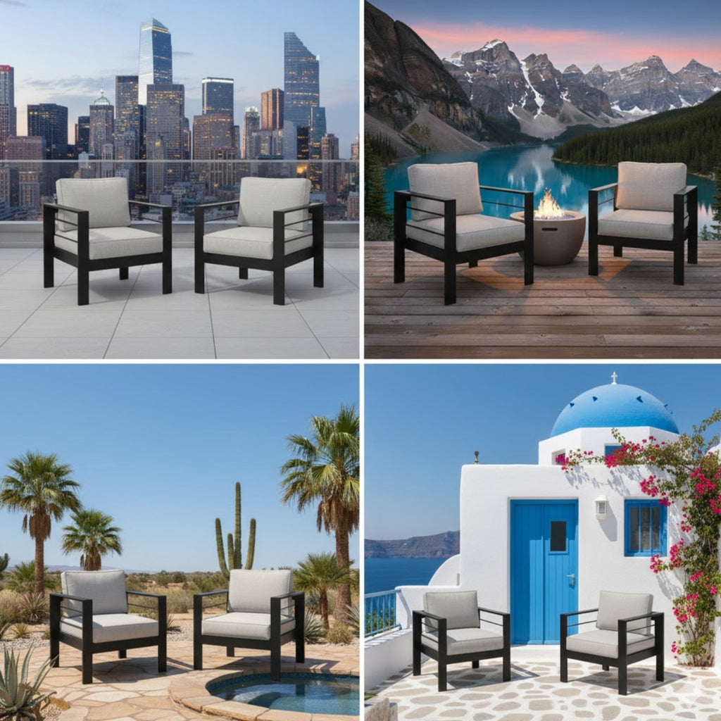 Outdoor Armchair Aluminum Black Gray Cushion 300 lb Set of 2 28in Wide