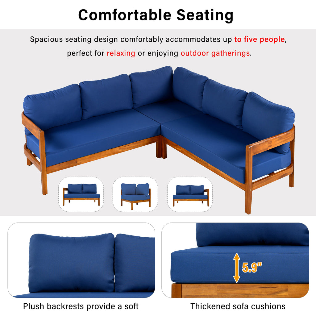 Outdoor Sofa Set Acacia Wood Arc Frame Blue Cushions L-Shape 6 Piece