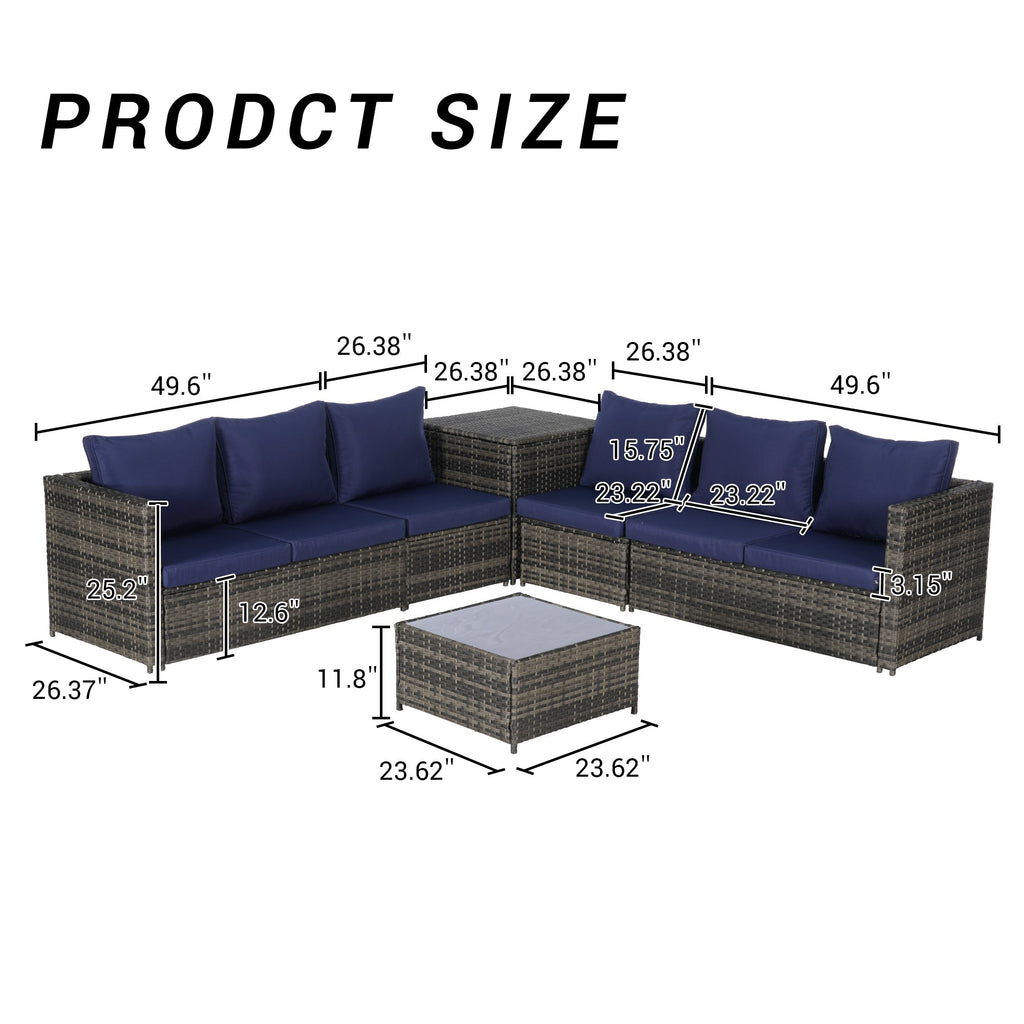 Outdoor Sectional Set PE Rattan Steel Dark Blue L-Shape 6 Piece Seats 8