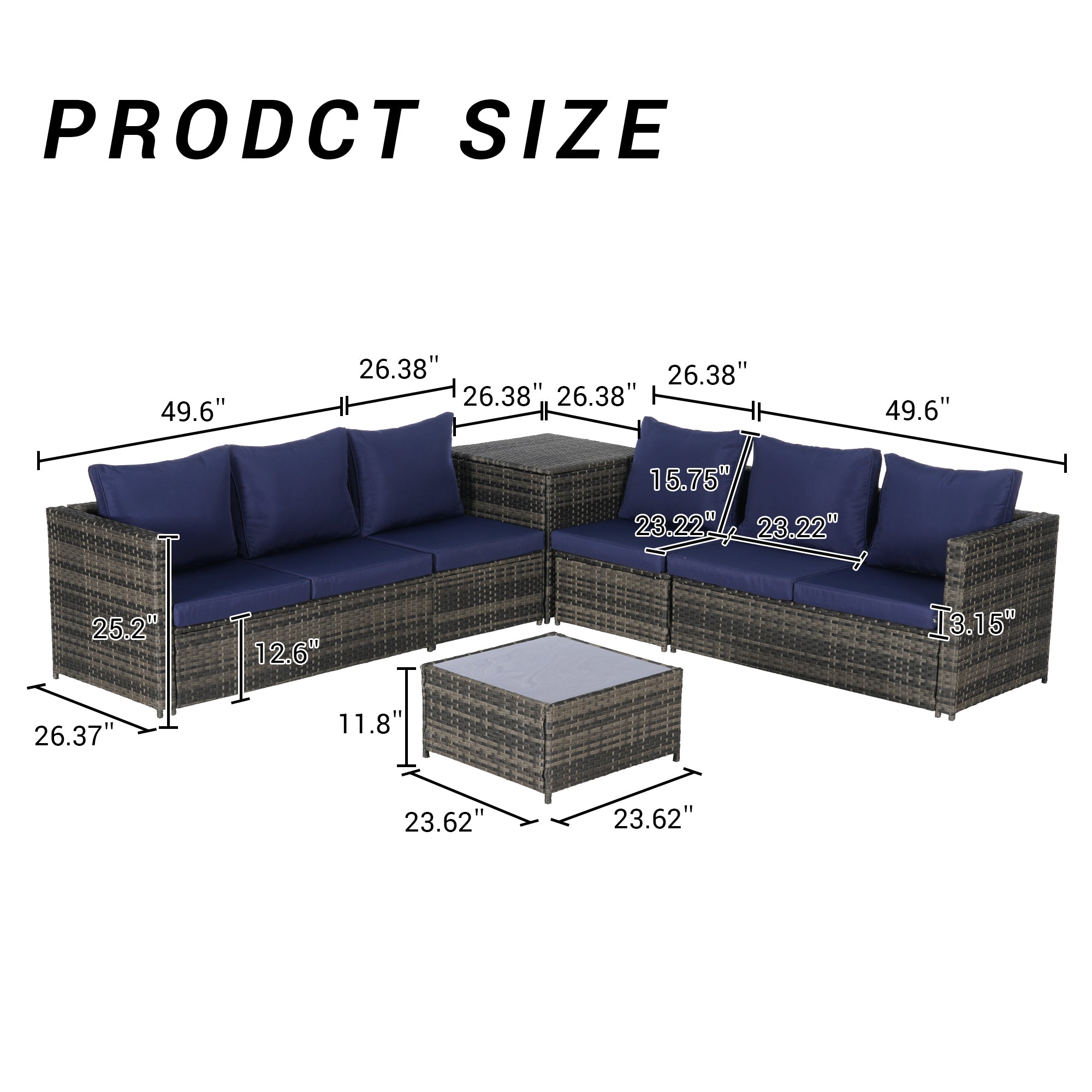 Outdoor Sectional Set PE Rattan Steel Dark Blue L-Shape 6 Piece Seats 8