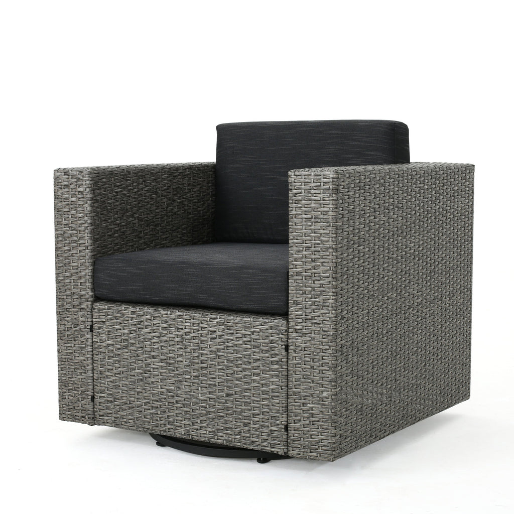 Outdoor Swivel Club Chair Wicker Iron Black Gray Cushion