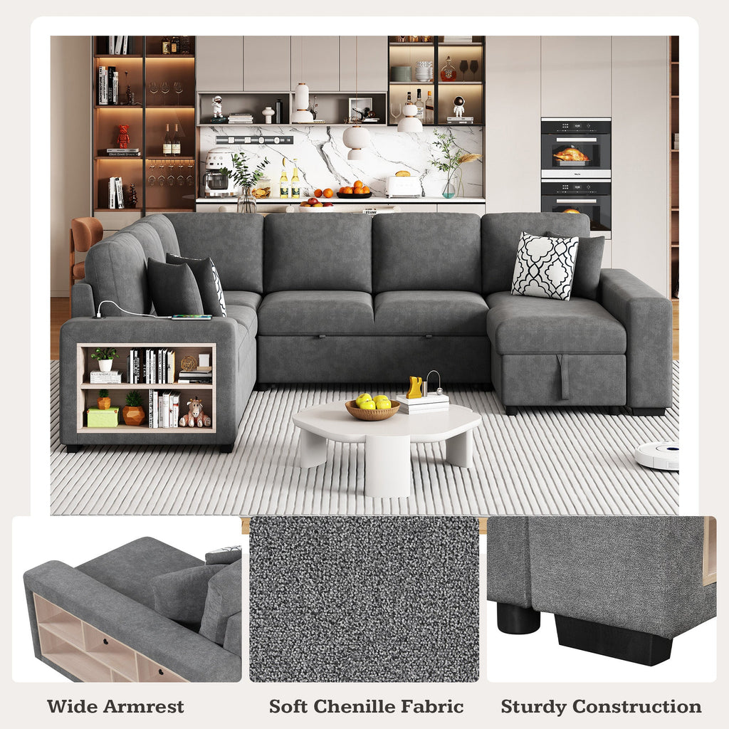 Sectional Sofa U-Shape Chenille Gray 5 Seat USB Ports Pull-Out 109 In