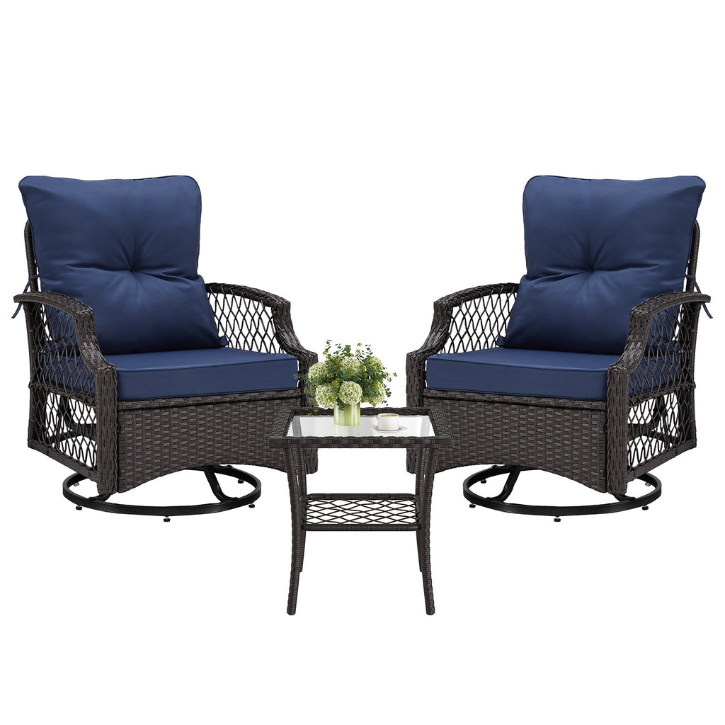Outdoor Bistro Set Wicker Swivel Glider Navy 3-Piece
