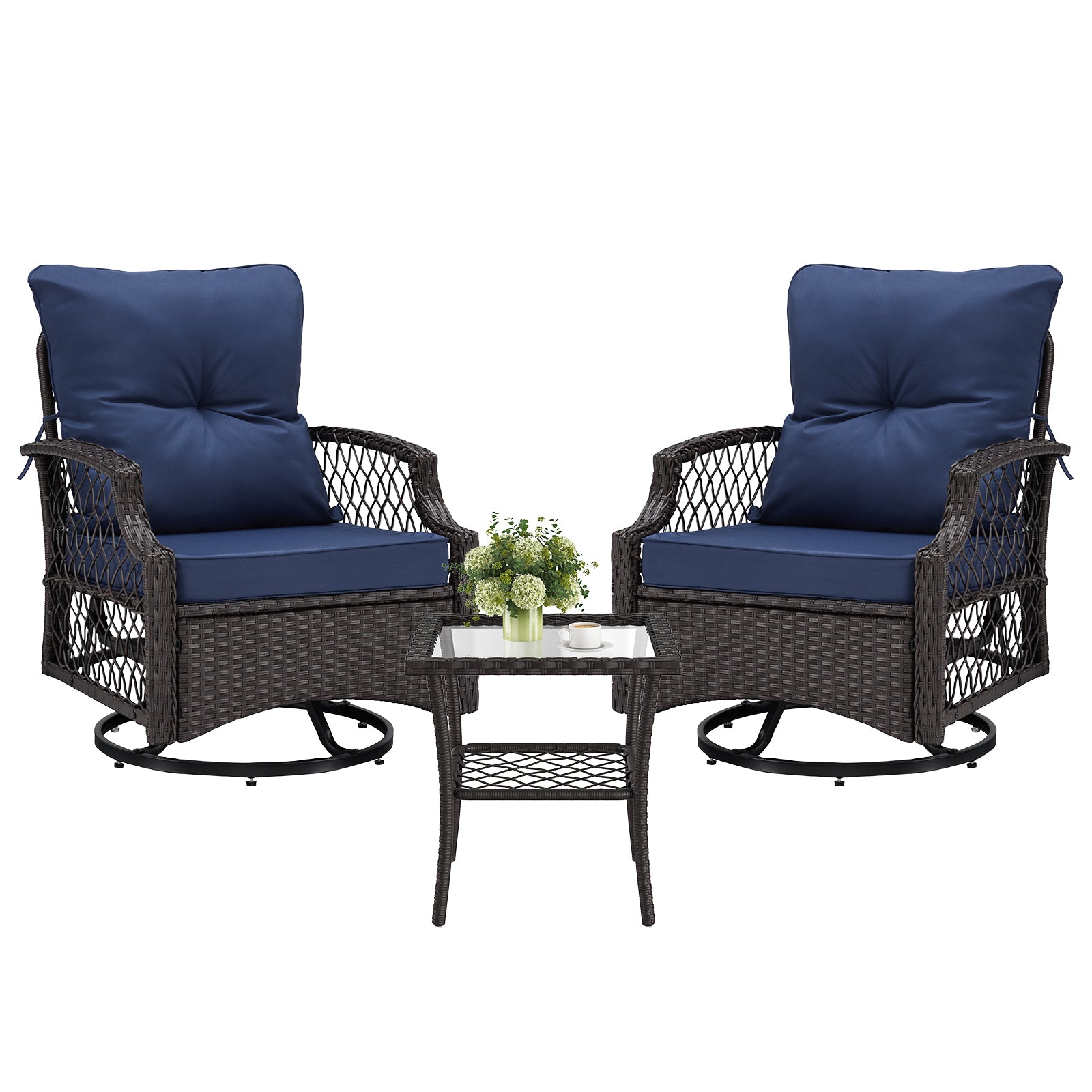 Outdoor Bistro Set Wicker Swivel Glider Navy 3-Piece