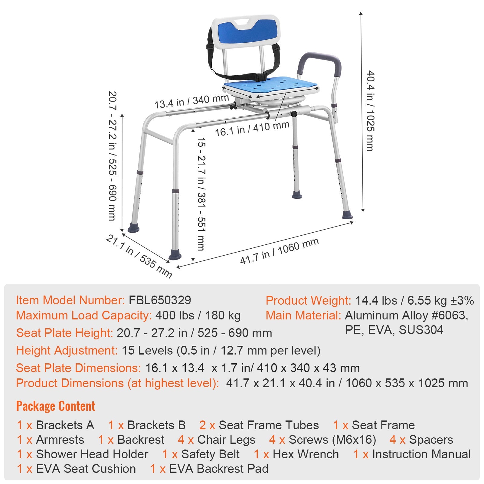 Transfer Bench 360 Swivel Seat Aluminum 400 LB Capacity