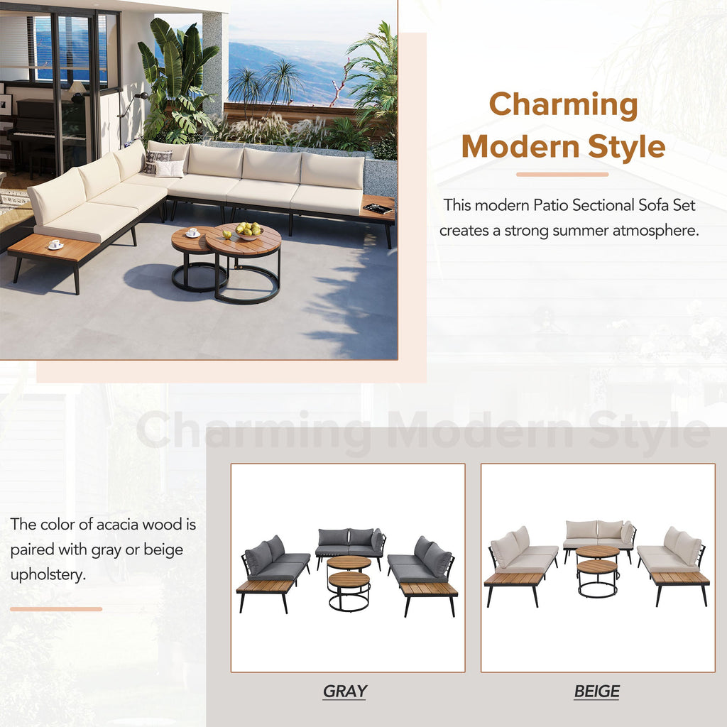 Outdoor Sectional Set Acacia Wood Steel Beige Cushion 6 Piece Seats 5