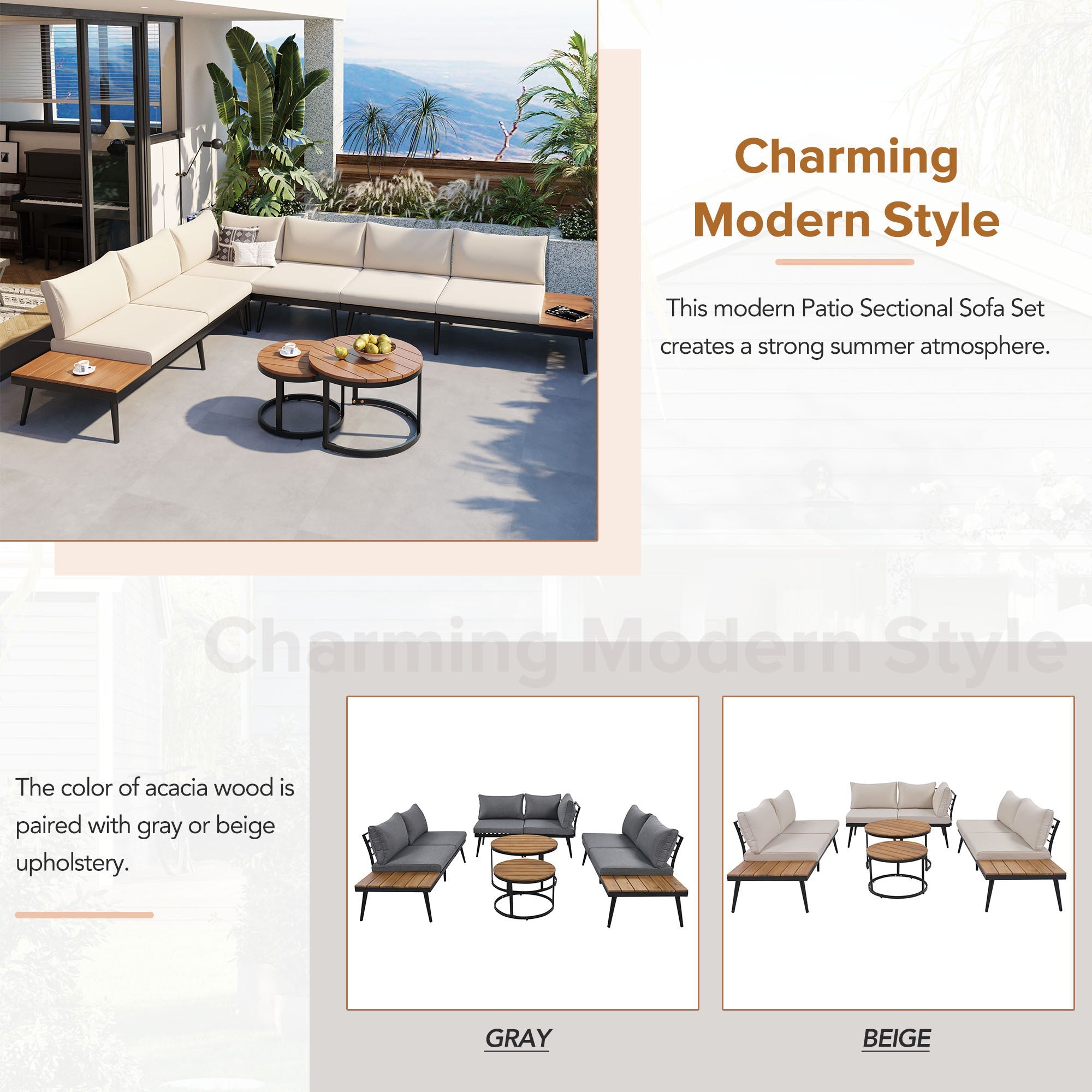 Outdoor Sectional Set Acacia Wood Steel Beige Cushion 6 Piece Seats 5