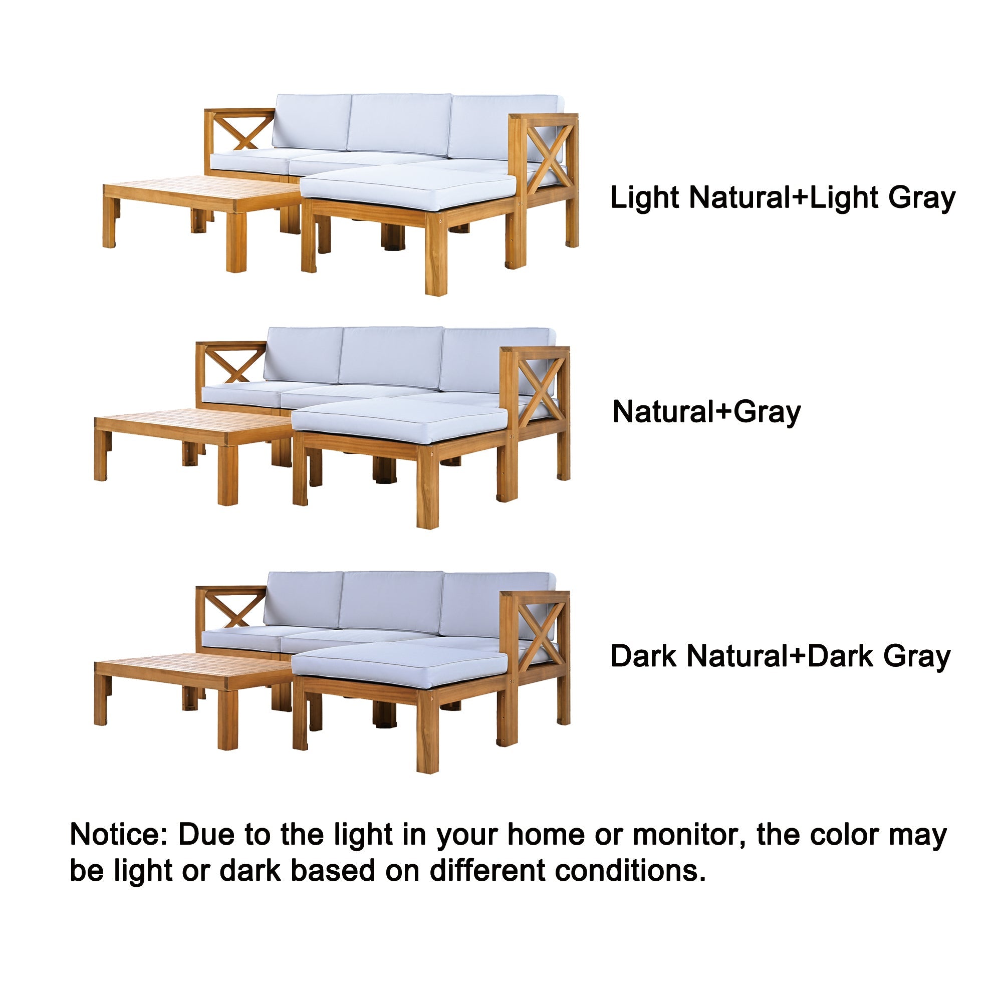Outdoor Patio Sectional Set Acacia Wood Gray Cushions 5 Piece X-Back