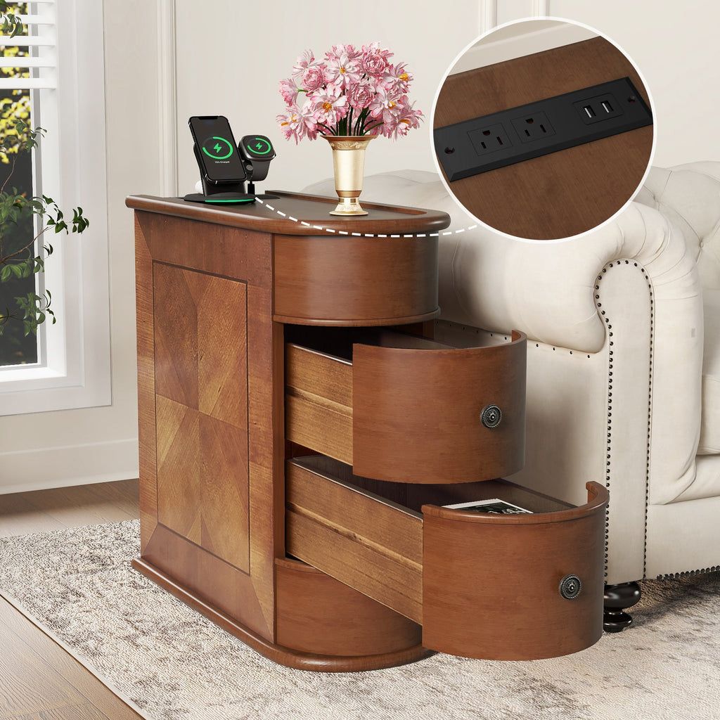 End Table Charging Station 2 AC 2 USB Ports 2 Drawers Arc Design Walnut 23.6 In
