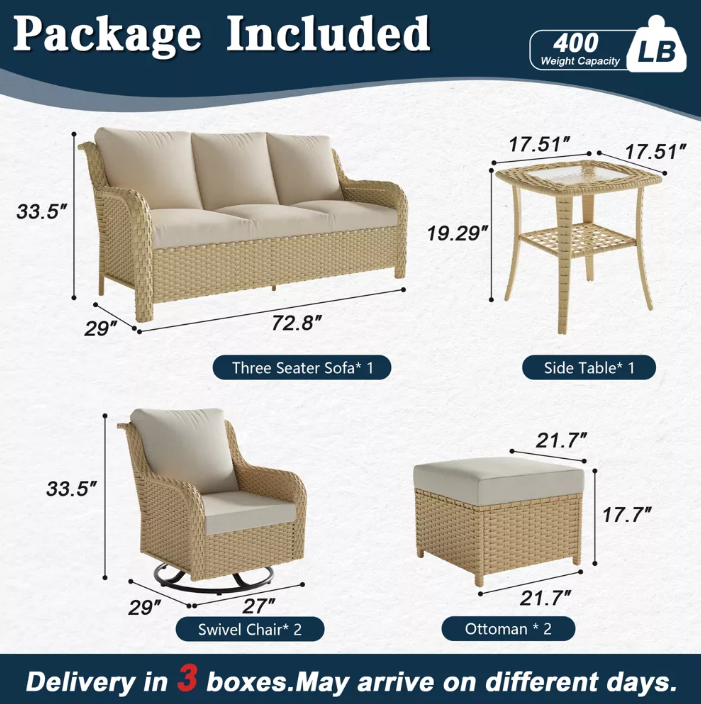 6 Piece Outdoor Patio Rattan Sofa Set Yellow Beige