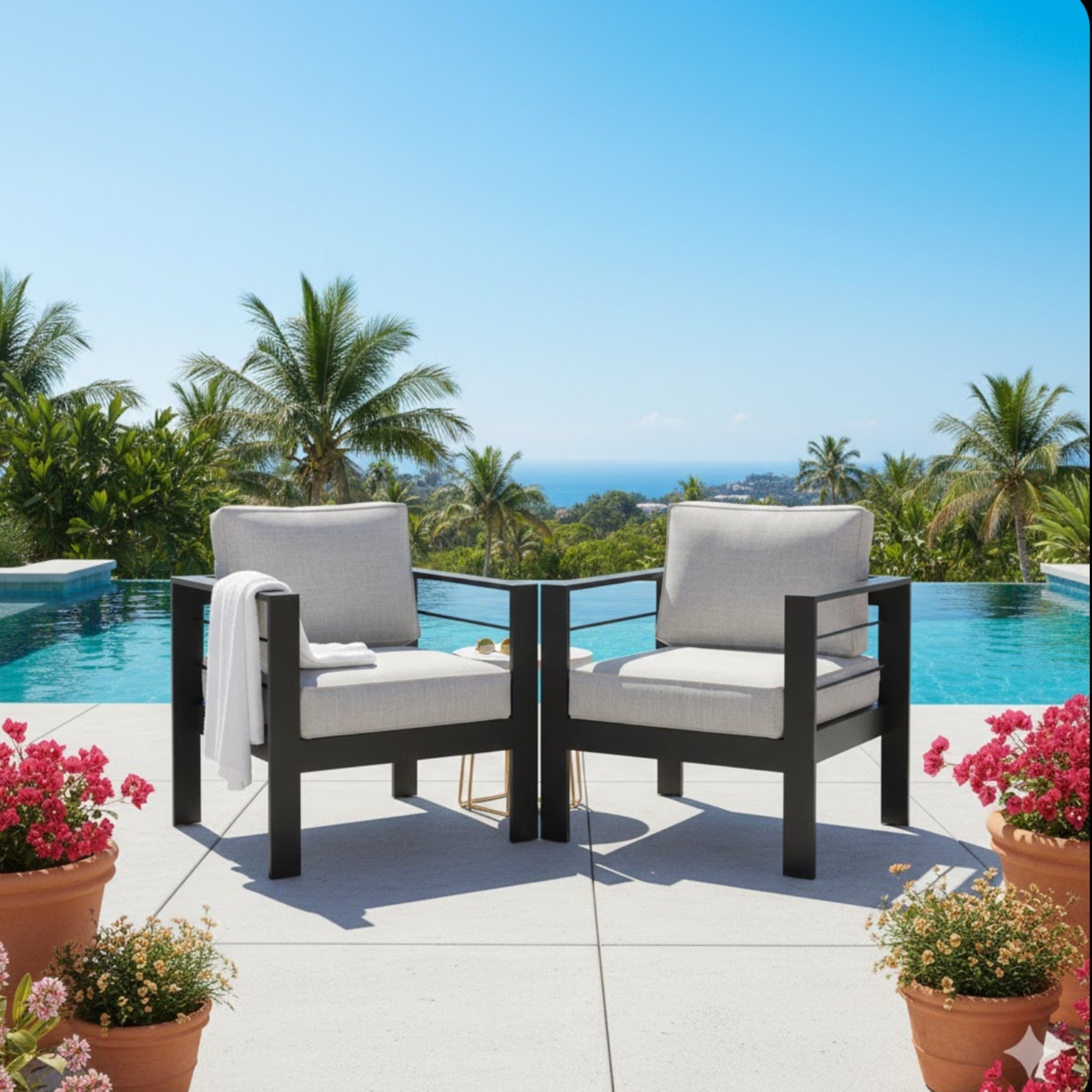 Outdoor Armchair Aluminum Black Gray Cushion 300 lb Set of 2 28in Wide