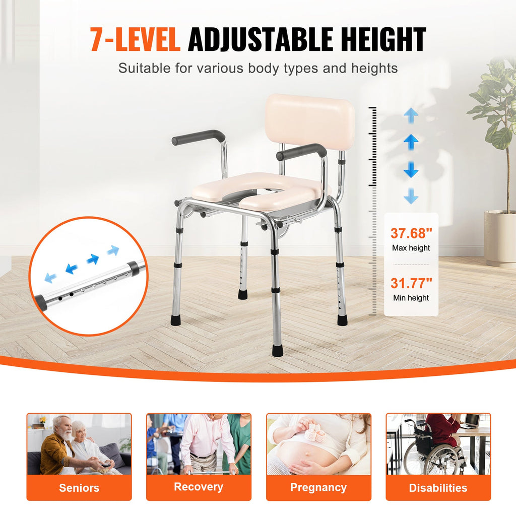 Commode Chair Padded Seat Drop-Down Arms 7-Level Adjustable Steel 350 LB