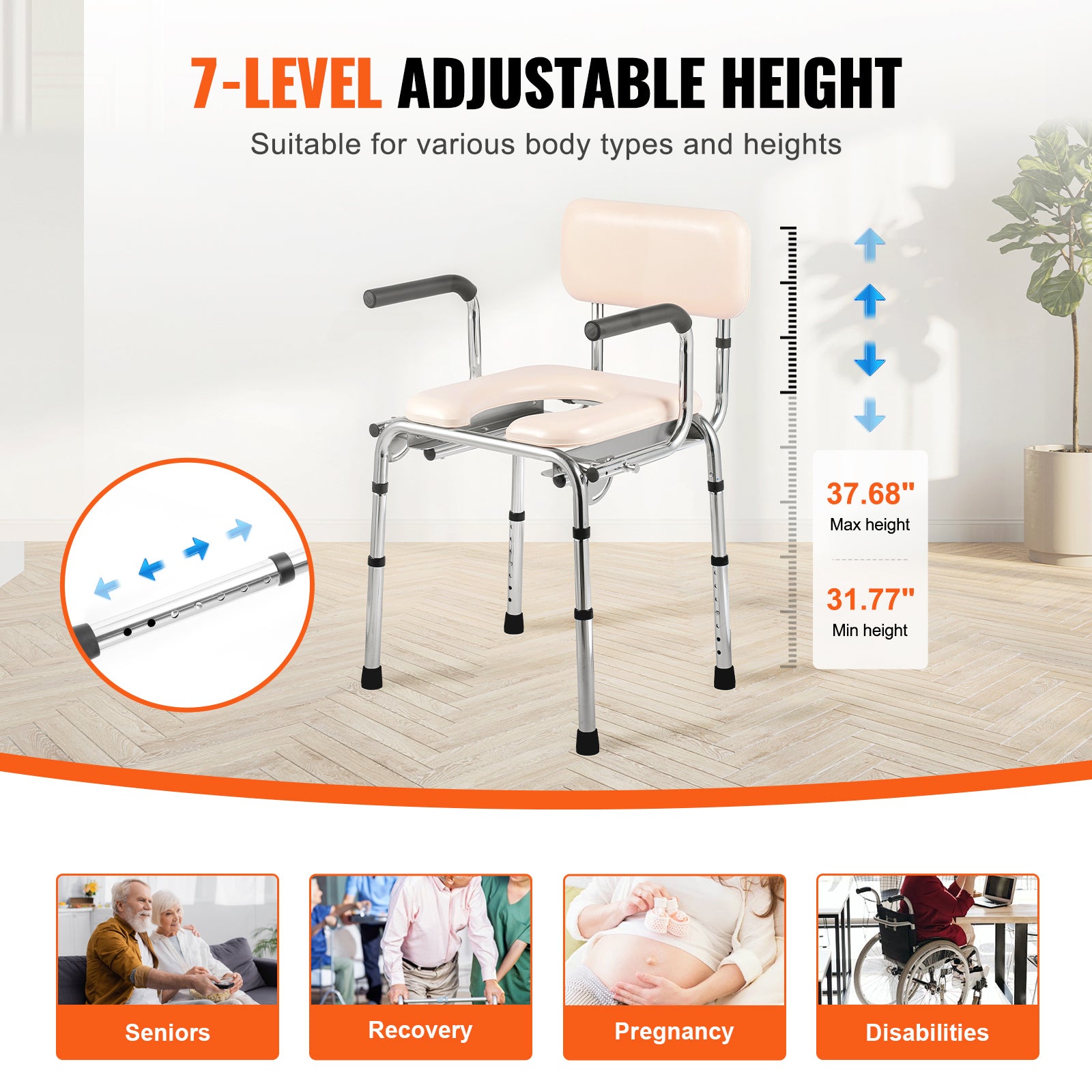 Commode Chair Padded Seat Drop-Down Arms 7-Level Adjustable Steel 350 LB