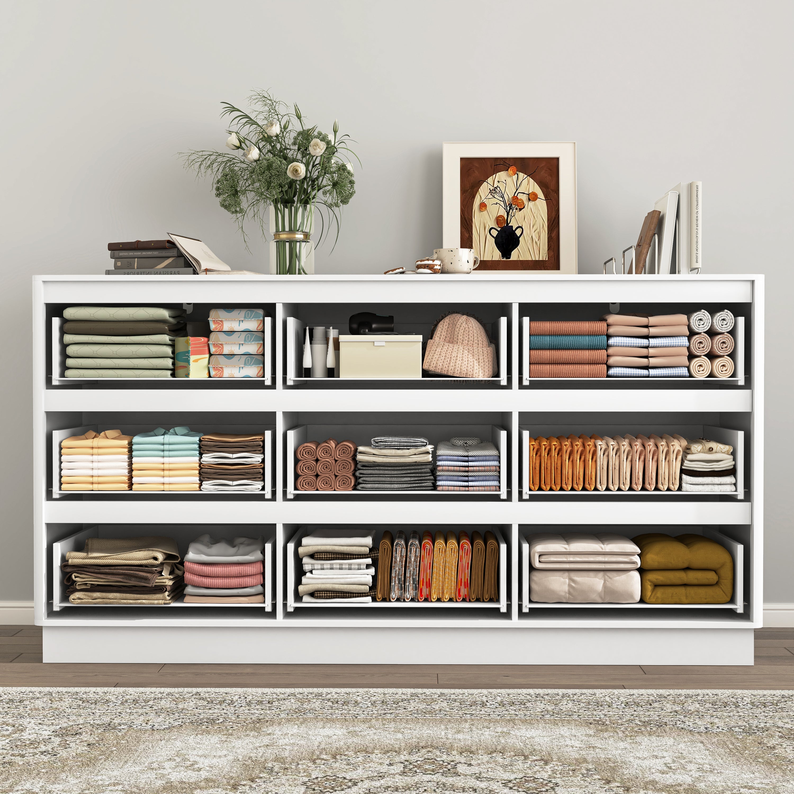 Dresser Mid-Century 9-Drawer White Wave No-Handle 59.1x15.7x31.6 In