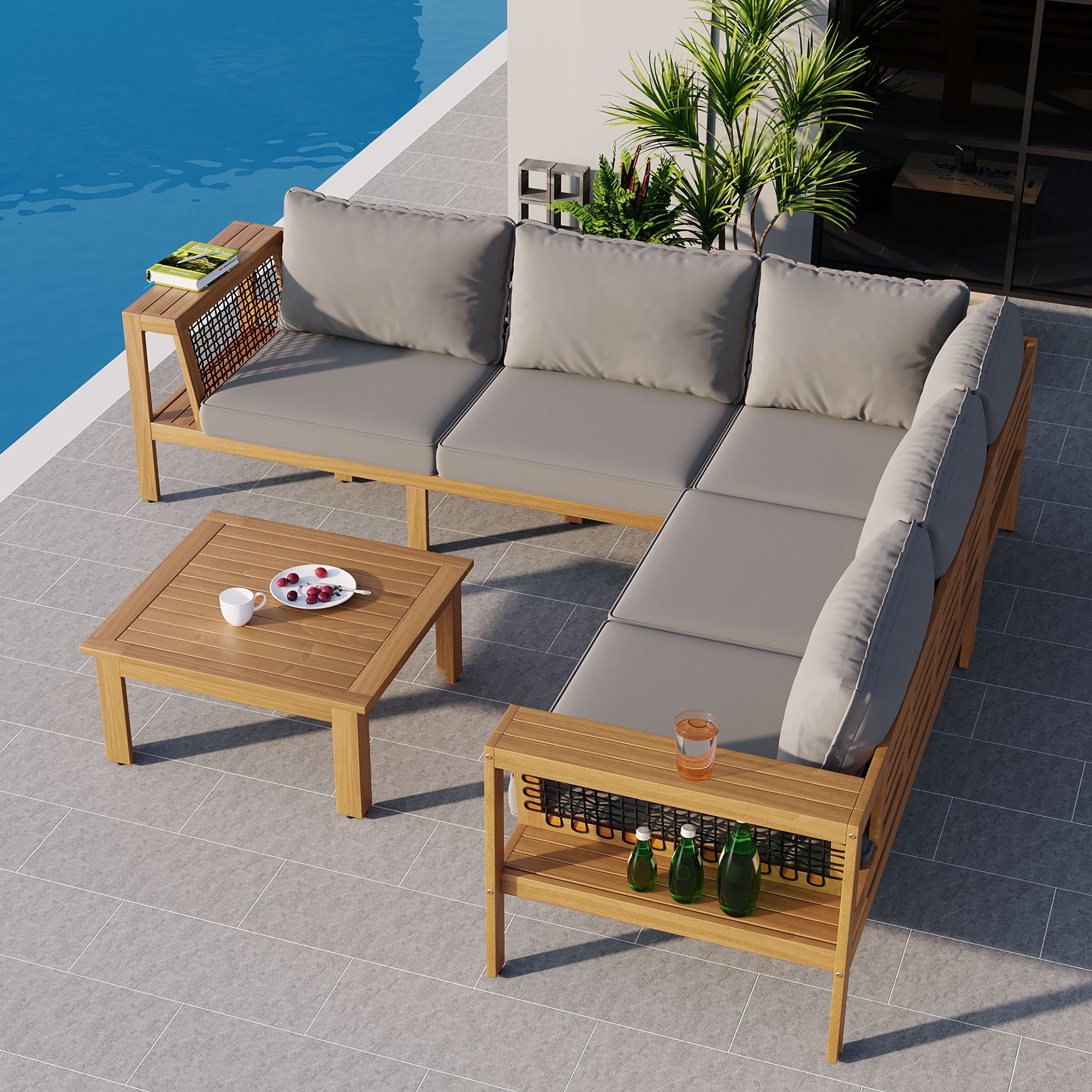 Outdoor Sofa Set Acacia Wood Rope Gray Cushion 4 Piece L-Shape Seats 6