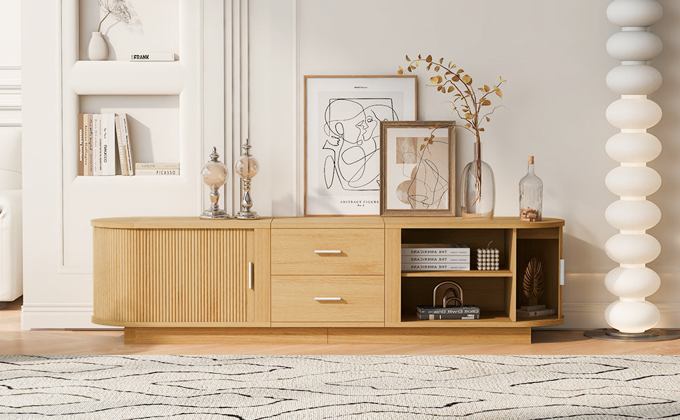TV Stand American Style Acacia MDF Sliding Door Rounded Corners Fits 75 In TV
