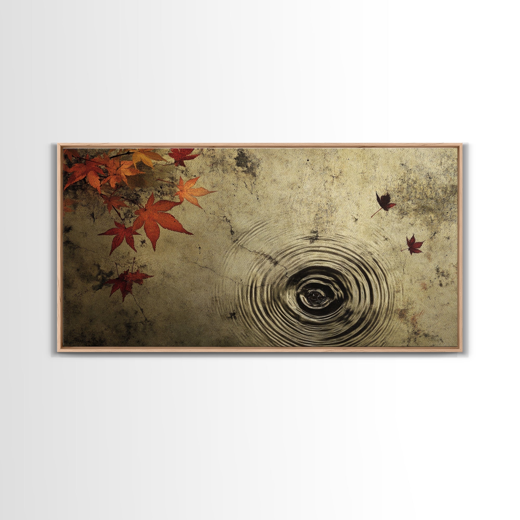 Rain Drops In The Fall, Framed Canvas Print, Thought Provoking Wall Art, Wabi Sabi Style Boho Minimalist Wall Art - Reflections