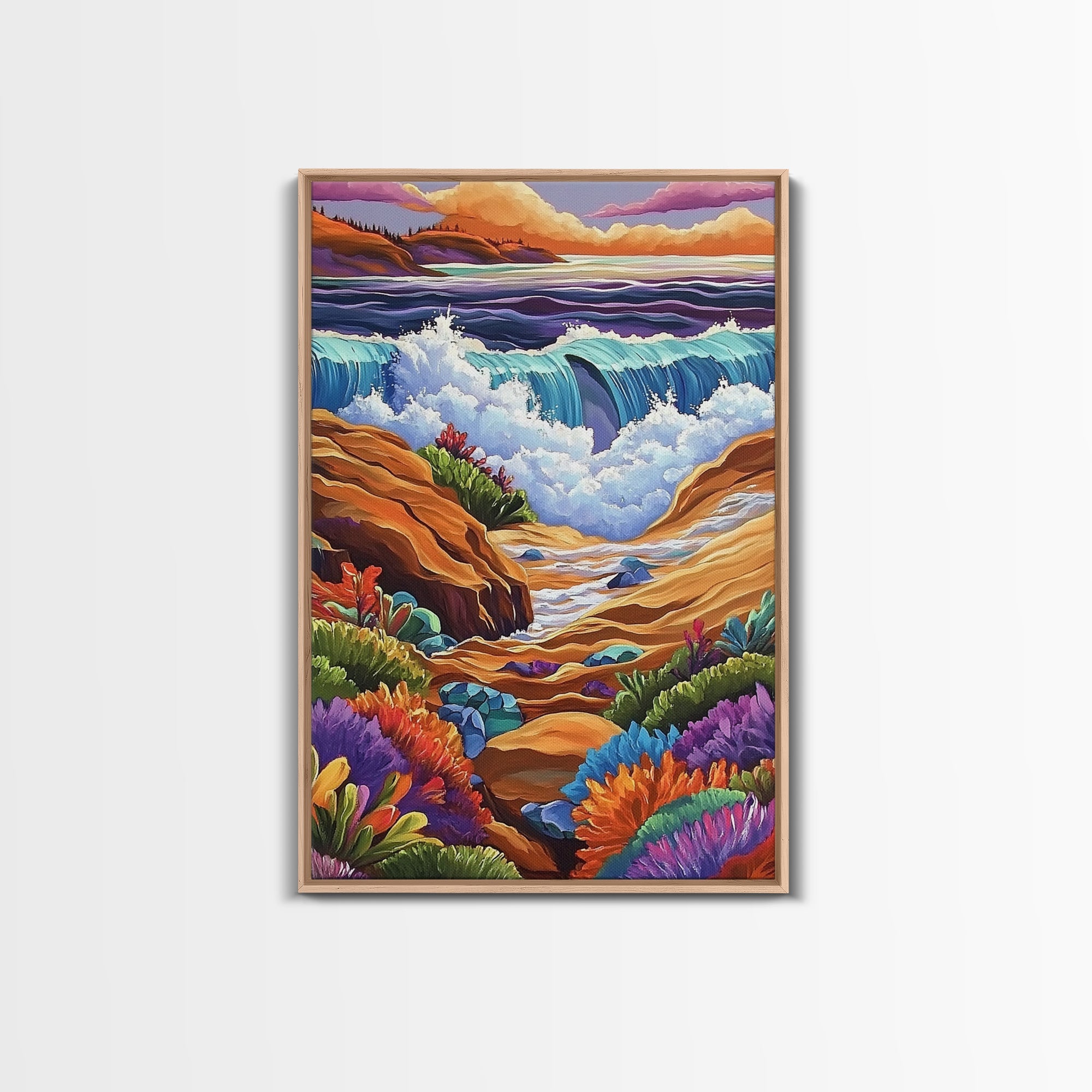Ocean Rocks, Colorful, Framed Canvas Print, Coastal Sunset Wall Art, Bold Ocean Waves Decor, Living Room Statement Piece, Nature Art Print