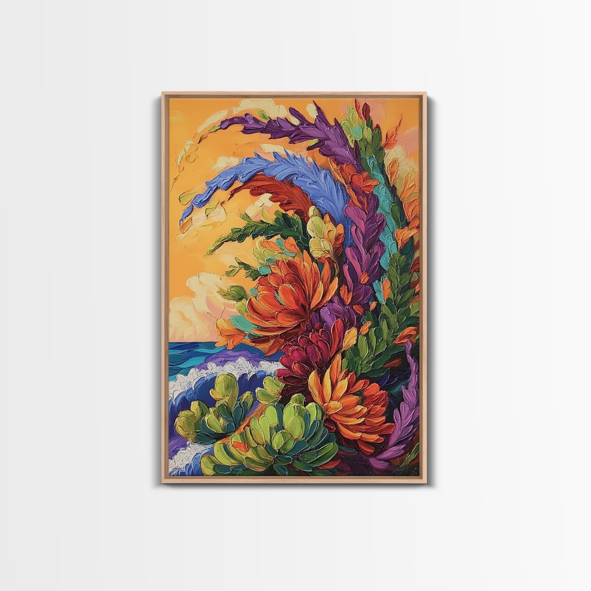 Abstract Florals, Bold Beach Scene, Coastal Flower Art, Vibrant Wall Accent, Kitchen Wall Art, Boho Style, Canvas Print, Sunset Tones