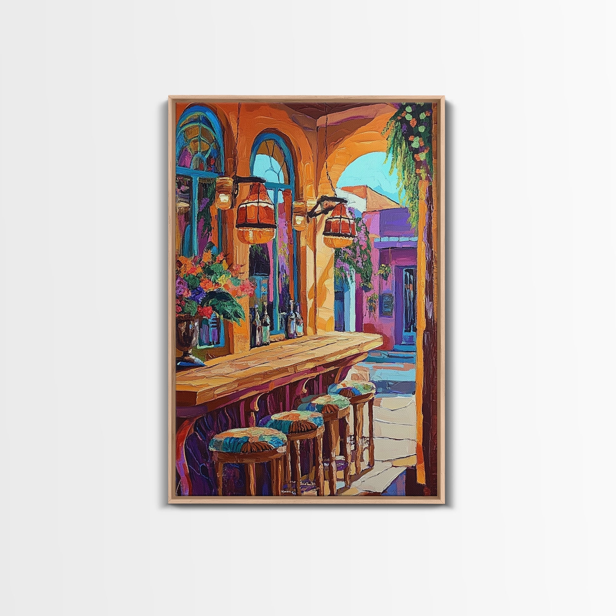 Wine Bar Scene, Cozy Bistro, Mediterranean Patio, Colorful Bar Decor, Kitchen Wall Art, Eclectic Style, Framed Canvas Print