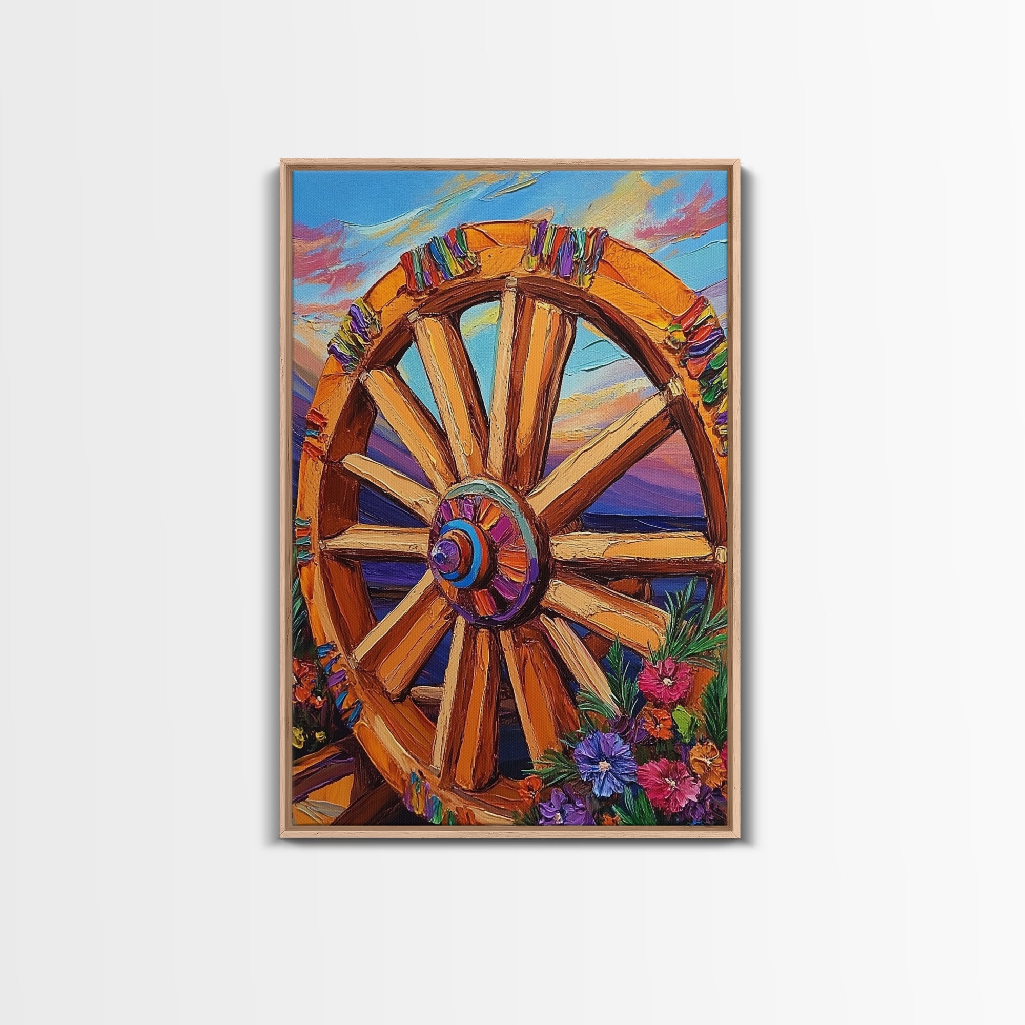 Colorful Wheel Art, Rustic Wall Decor, Western Vibes, Farmhouse Charm, Framed Canvas Print, Fall Decor, Country Living Room Wall Art